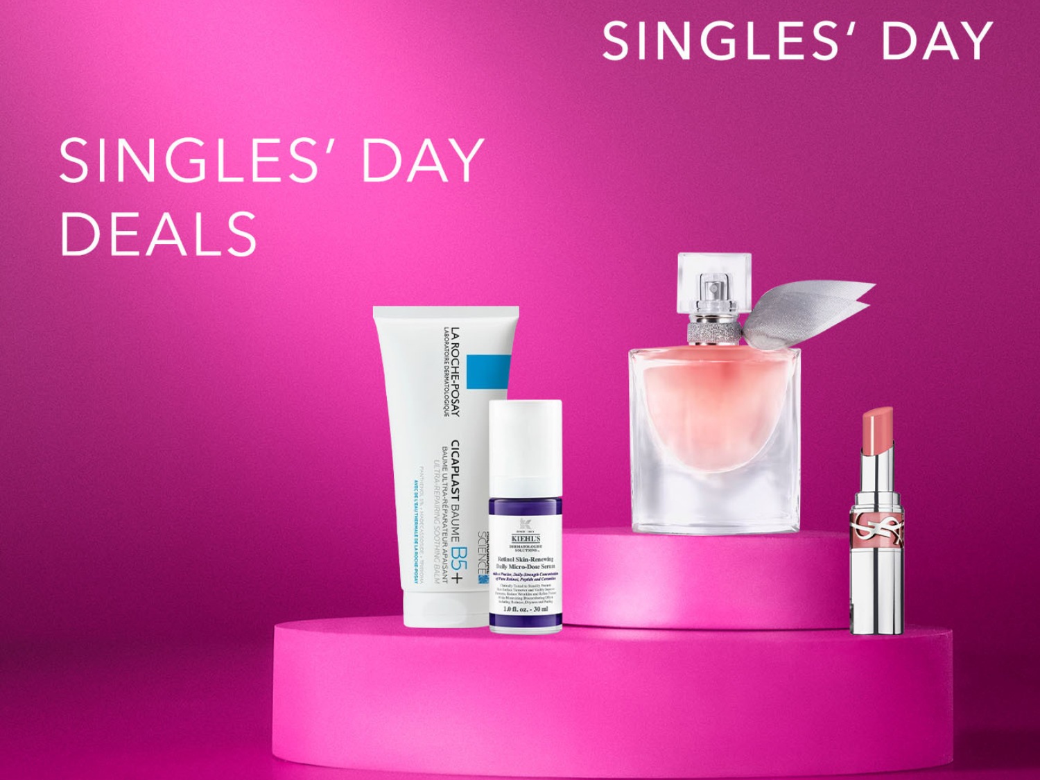 Ontdek Singles' Day deals met La Roche-Posay Cicaplast Baume B5+, Kiehl's Retinol Serum, een roze parfumfles en een YSL-lipstick tegen een levendige roze achtergrond.