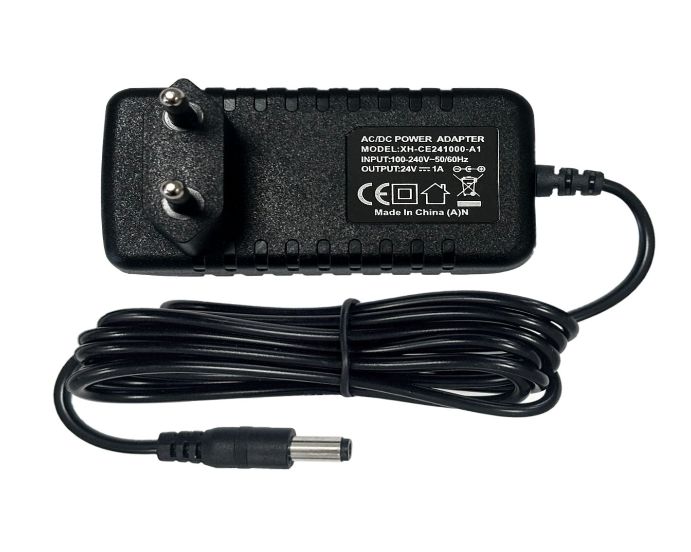 Schwarzer AC/DC-Netzadapter mit der Modellnummer XH-CE241000-A1, geeignet für Eingangsspannungen von 100-240V~50/60Hz und einer Ausgangsleistung von 24V 1A, hergestellt in China.