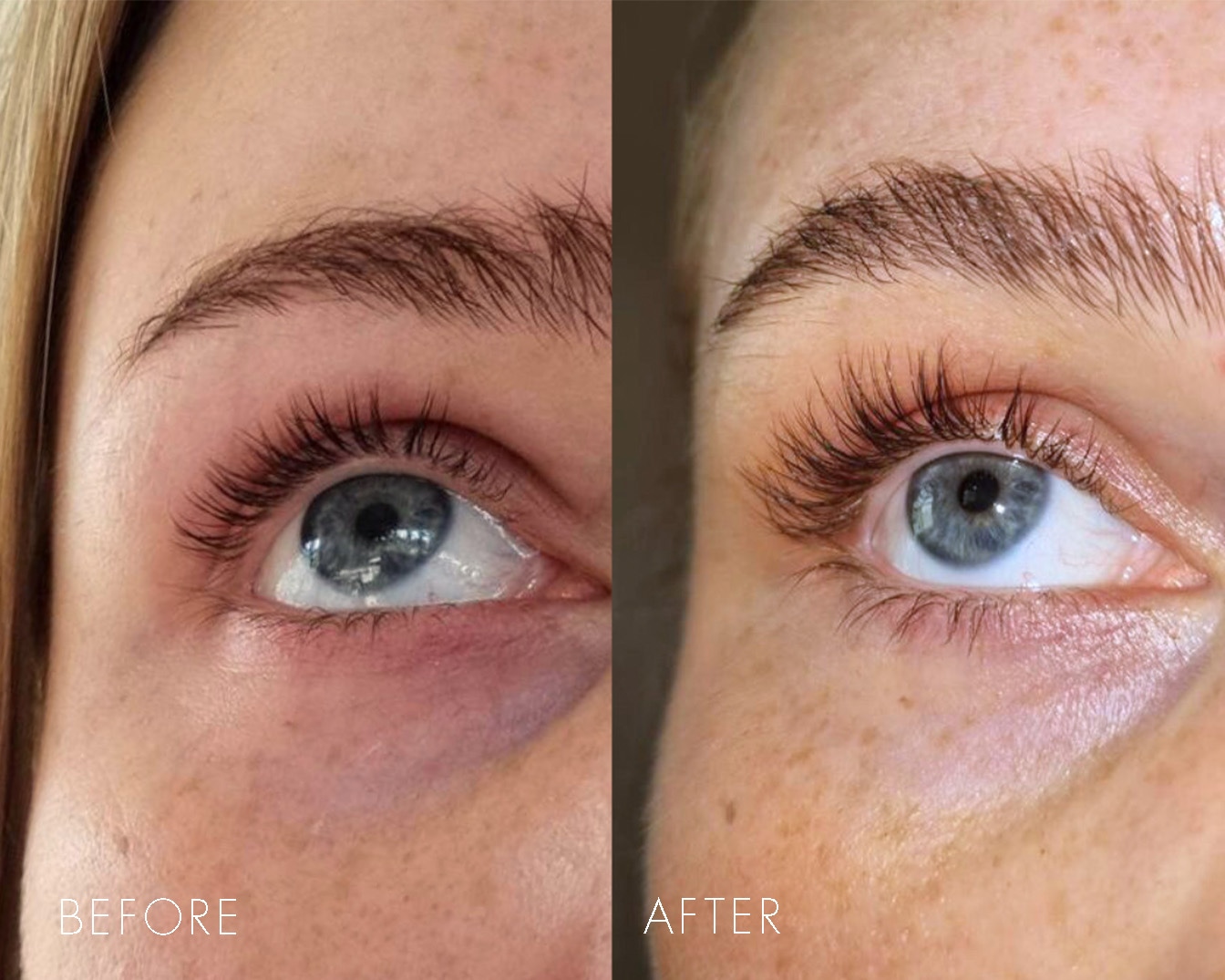 Zdjęcie przedstawia oko przed i po zabiegu przedłużania rzęs, ukazując różnicę w gęstości i długości rzęs.