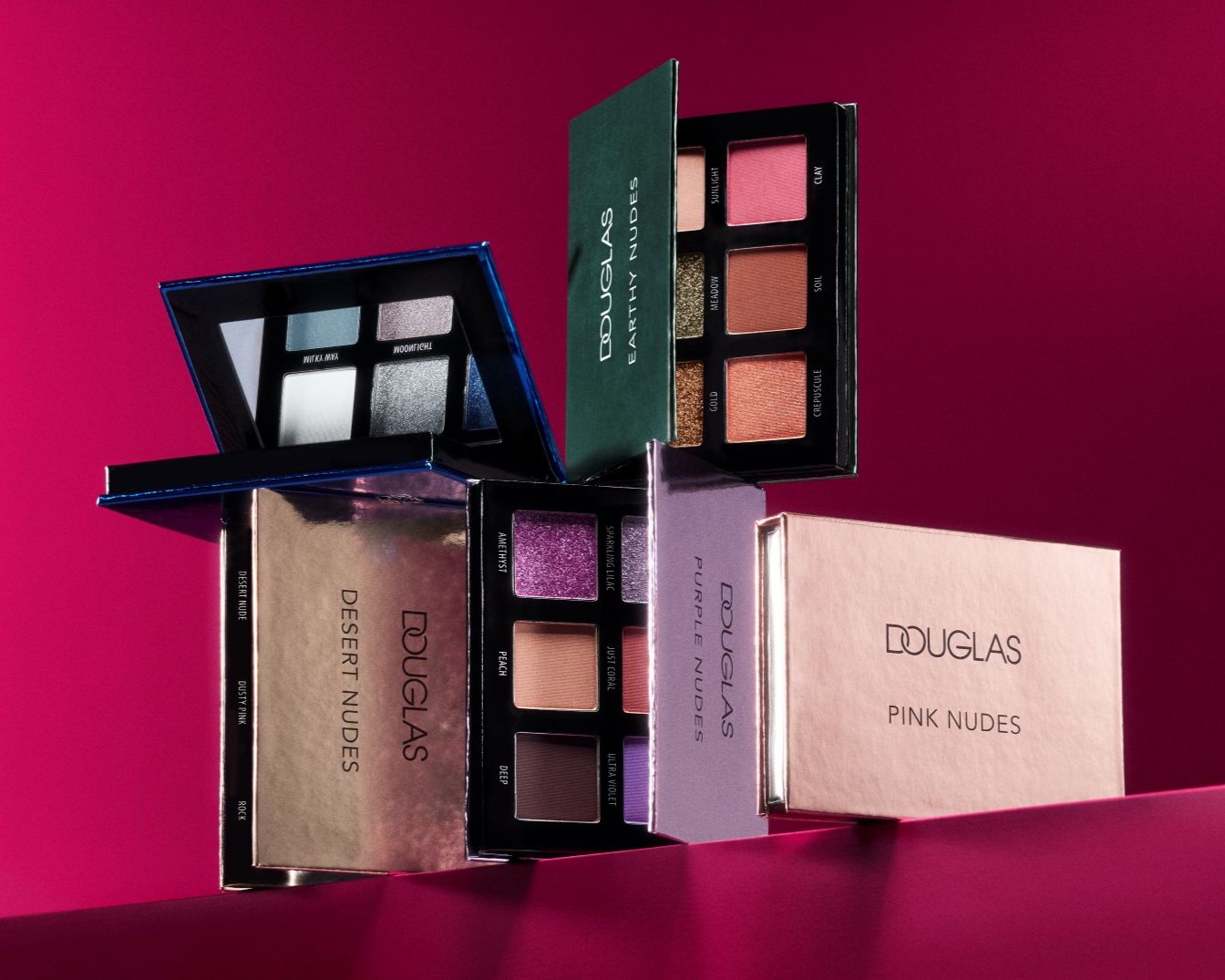 Esplora le palette Douglas: Pink Nudes, Desert Nudes, Purple Nudes ed Earthy Nudes, ognuna con una gamma unica di colori per look infiniti.