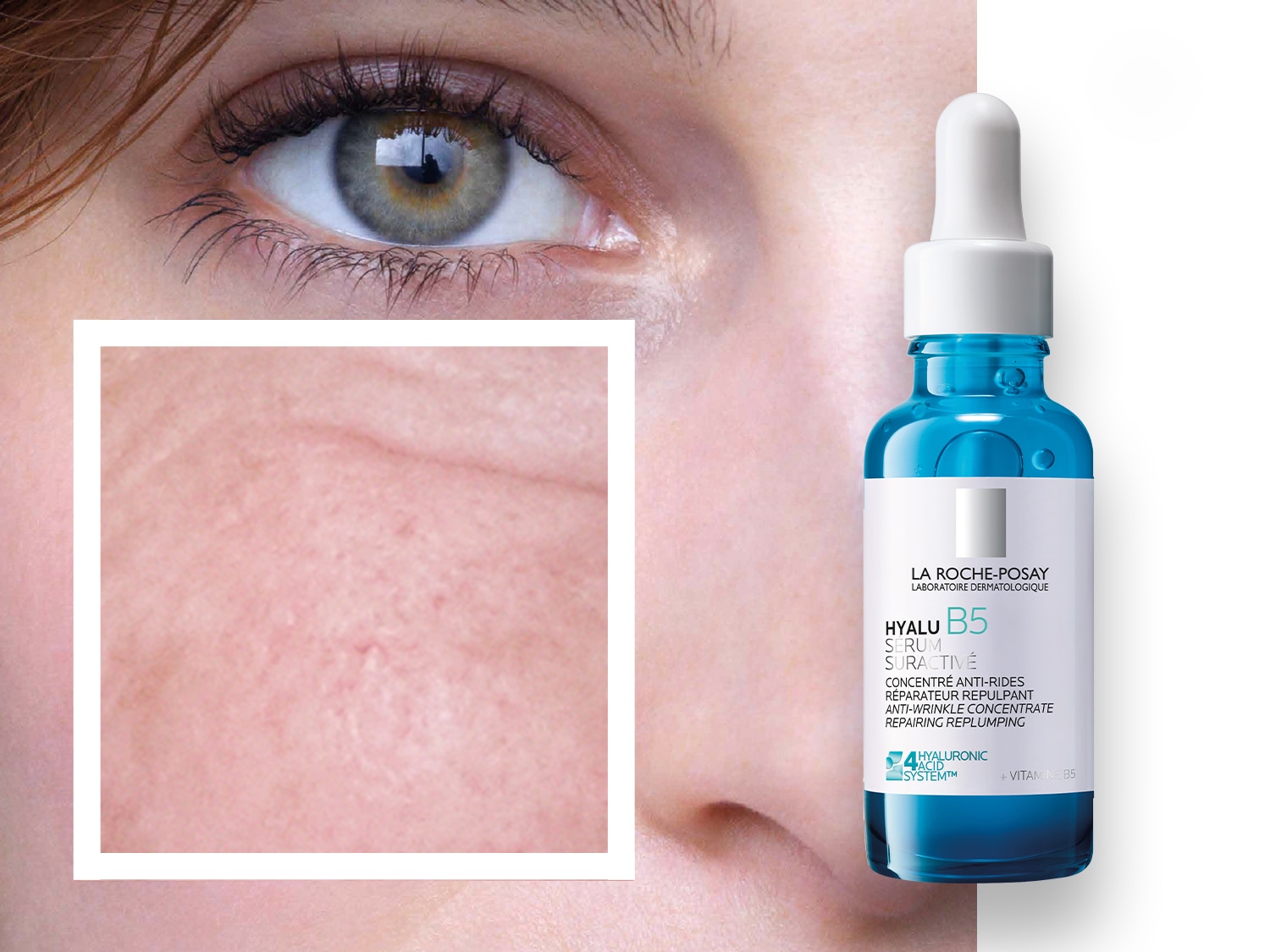 Primo piano di una donna con un occhio azzurro e pelle chiara, accanto al siero Hyalu B5 di La Roche-Posay in flacone blu con contagocce bianco, ideale per riparare e rimpolpare la pelle.