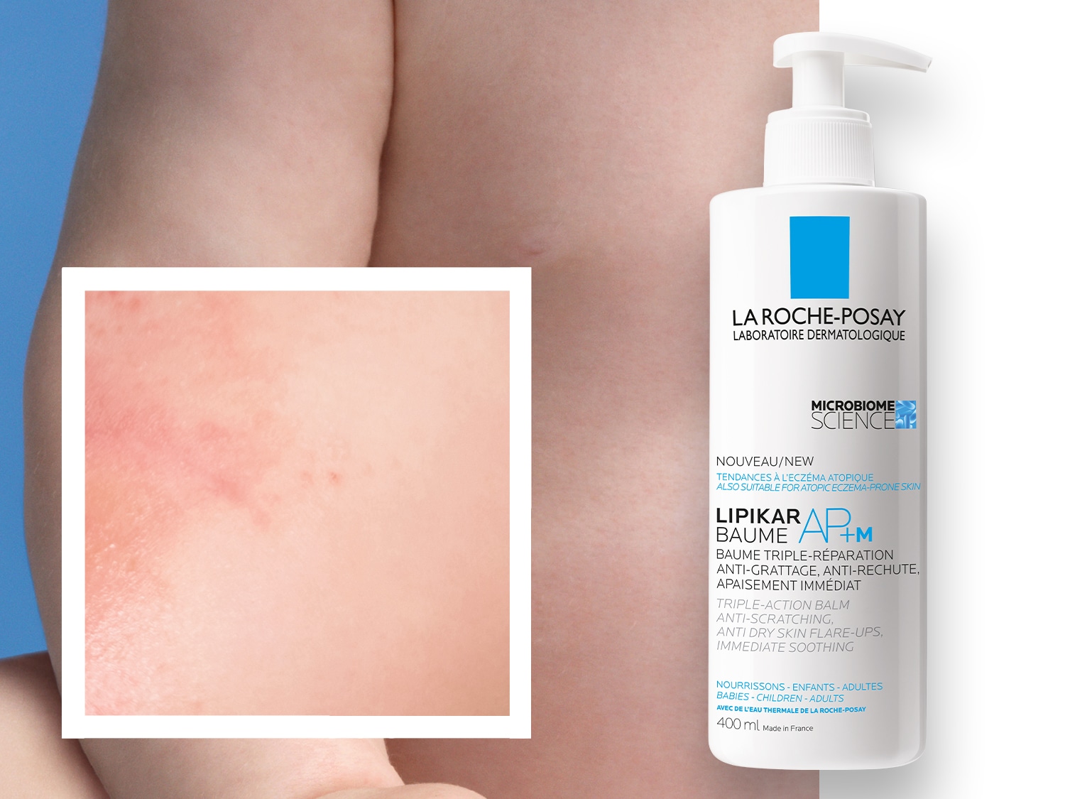 La Roche-Posay Lipikar Baume AP+M, un balsamo tripla azione per pelli atopiche, confezionato in un flacone bianco con dosatore.