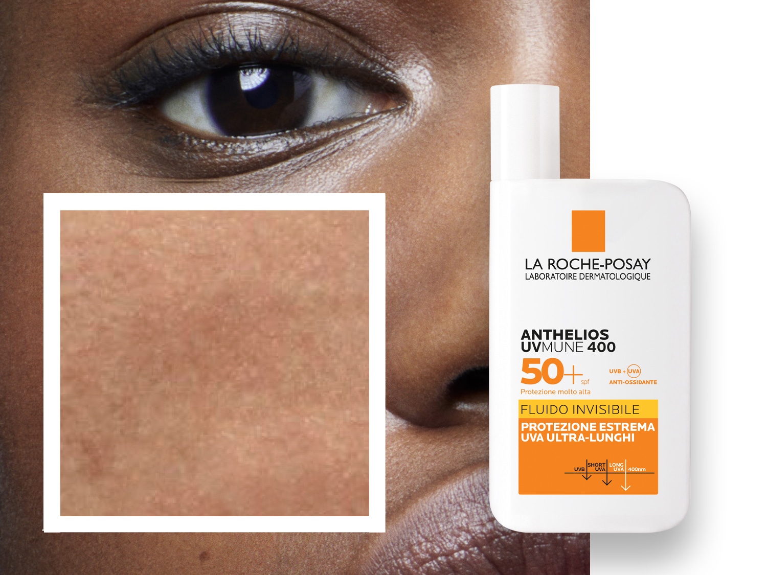 Primo piano di una donna con la pelle scura e un flacone bianco di protezione solare La Roche-Posay Anthelios UVMUNE 400 SPF 50+ che offre una protezione molto alta e un fluido invisibile.