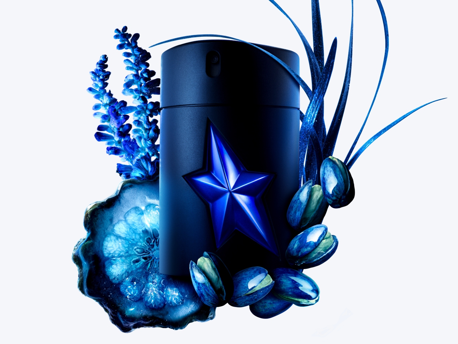Schwarzer Parfümflakon mit blauem Stern, umgeben von blauen Blumen, Blättern und Nüssen, die ein elegantes und luxuriöses Dufterlebnis versprechen.