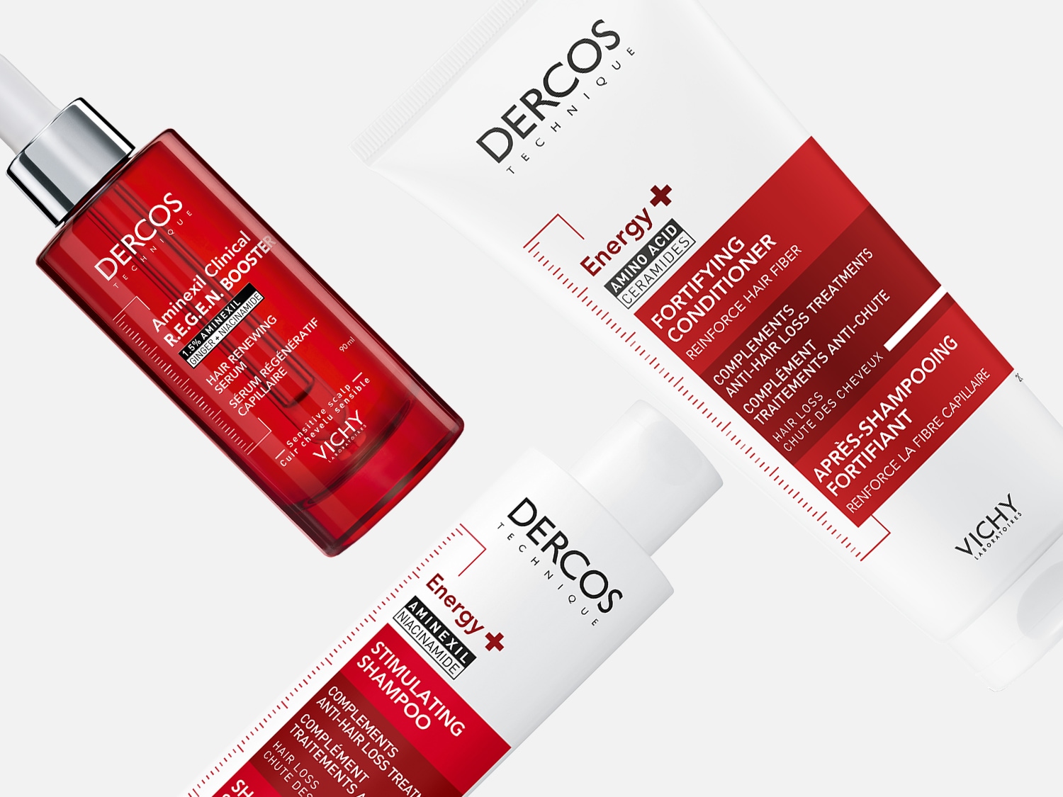 Ecco il booster rinnovatore per capelli Dercos Technique Aminexil Clinical R.E.G.E.N., con lo 1,5% di Aminexil, zenzero e niacinamide, ideale per il cuoio capelluto sensibile.