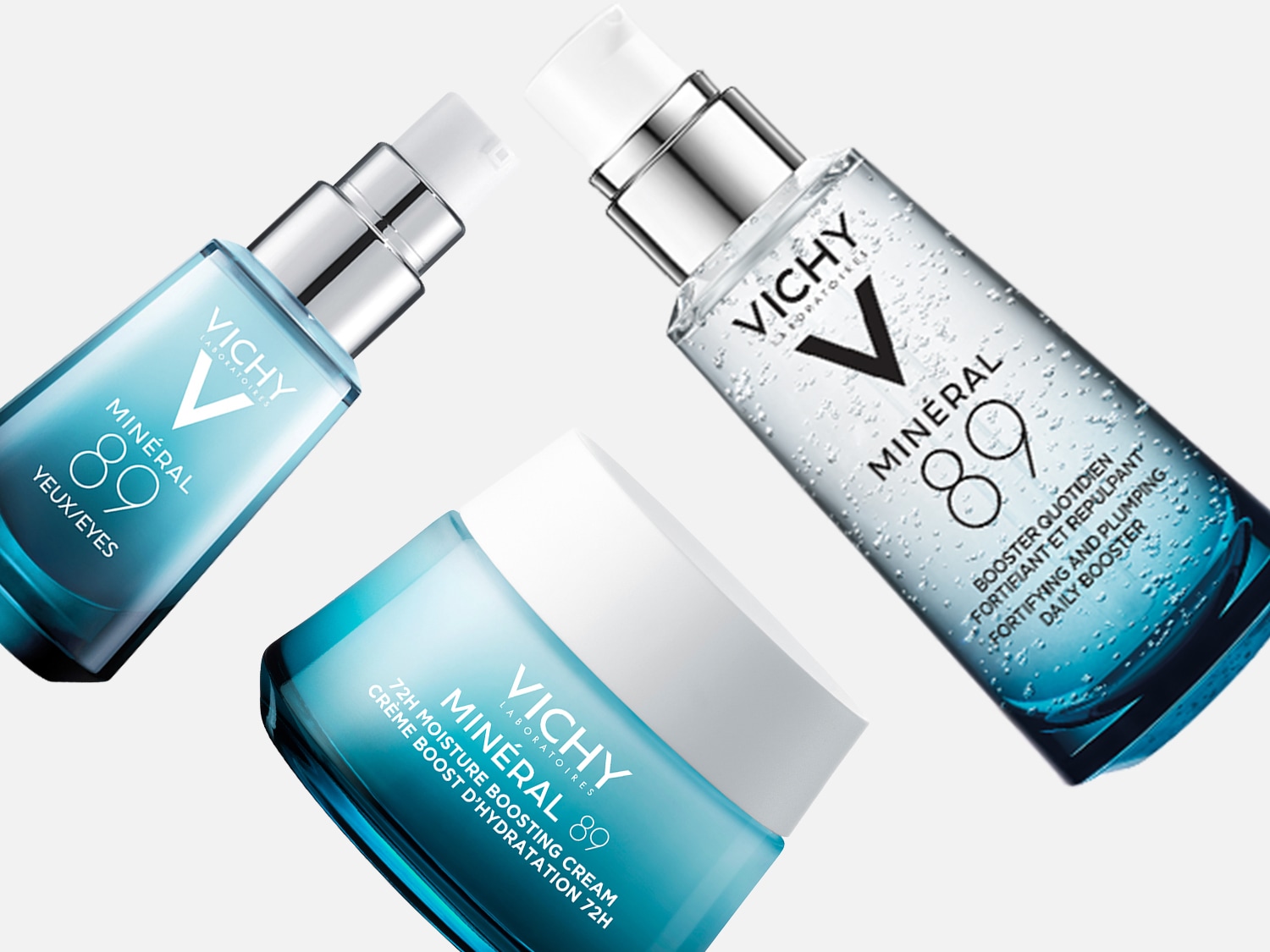 Ecco la collezione Vichy Mineral 89: un booster quotidiano fortificante e rimpolpante, crema idratante 72H e cura per gli occhi, tutti in confezioni blu e bianche.