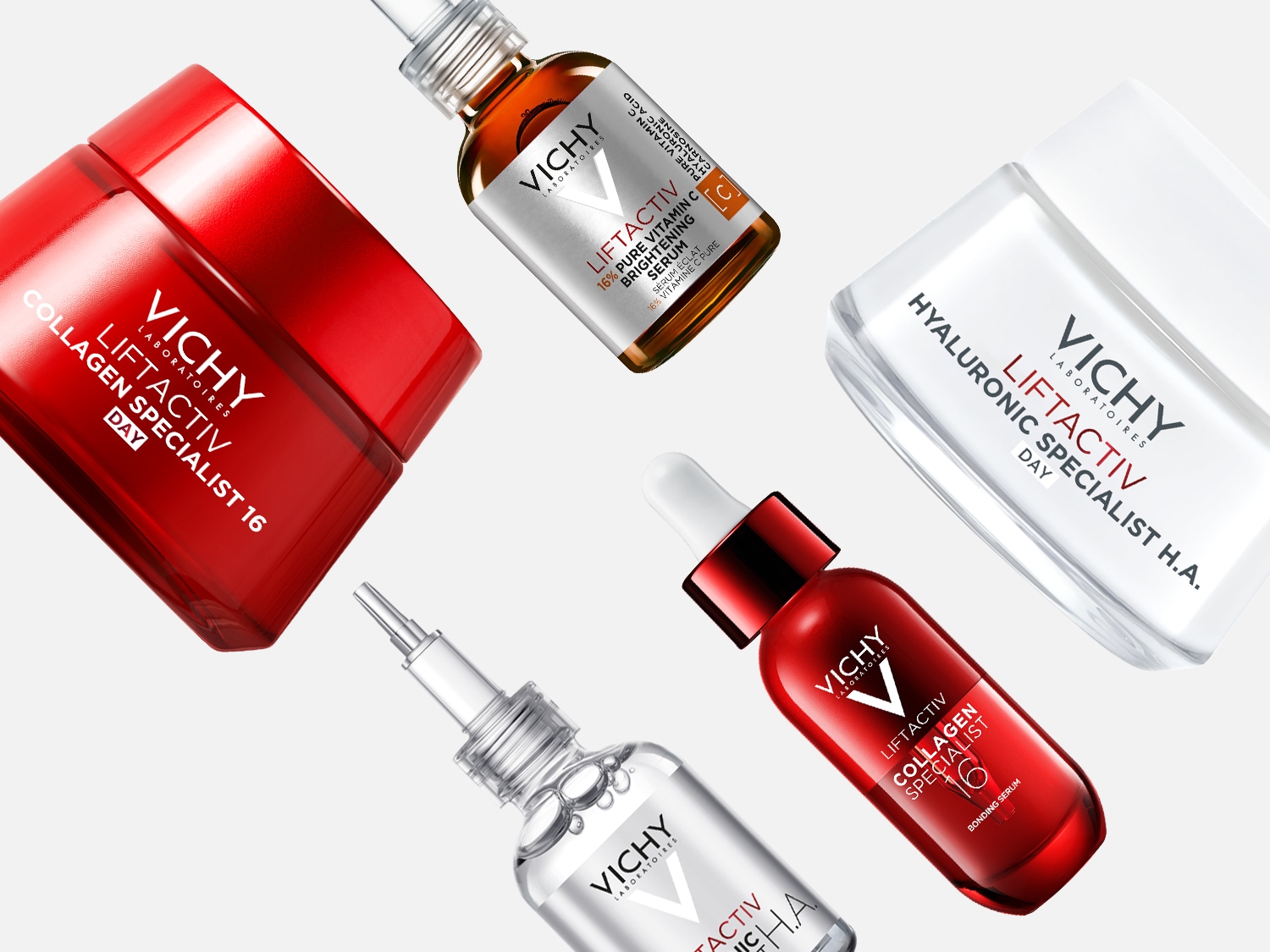 Scopri la linea Vichy Liftactiv: crema giorno Collagen Specialist 16 nel suo packaging rosso, siero illuminante con vitamina C pura al 16% in flacone ambrato, siero Collagen Specialist 16 in flacone rosso e trattamento Hyaluronic Specialist H.A. in confezione bianca.