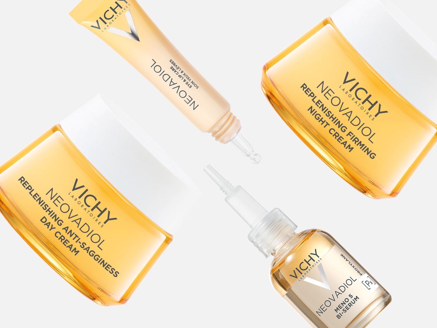 Scopri la linea Vichy Neovadiol: crema giorno anti-rilassamento, siero bi-fase Meno 5, crema notte rassodante e trattamento occhi e labbra per una pelle rigenerata.