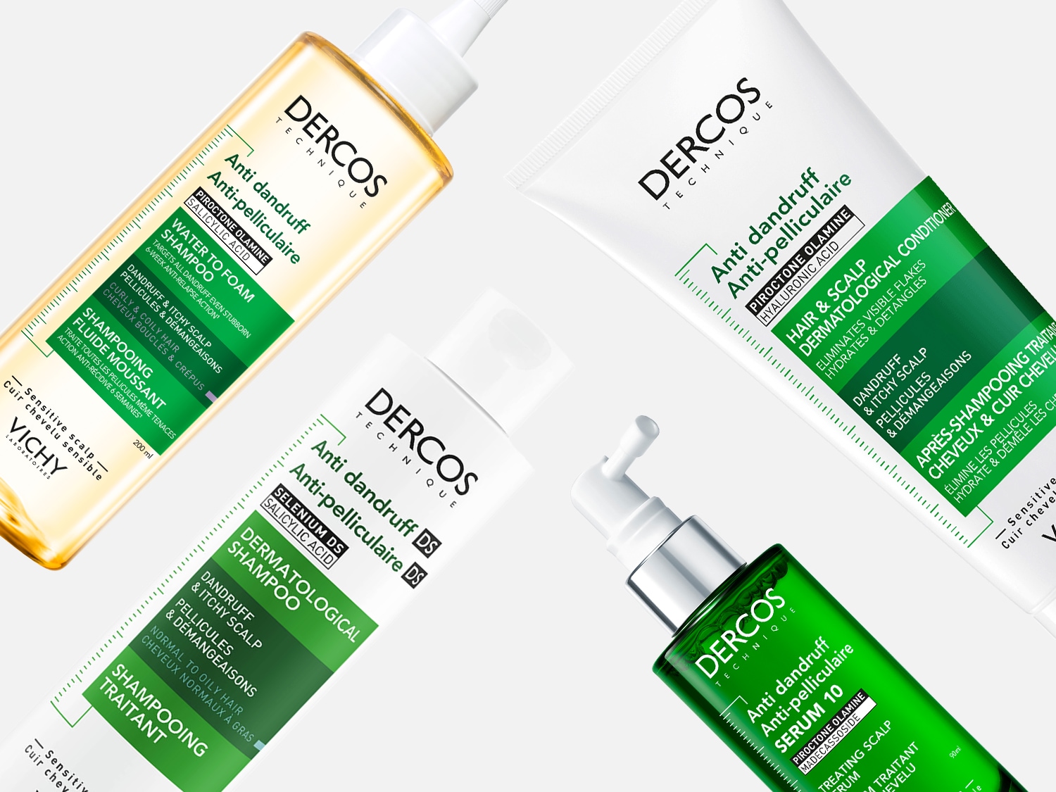 Scopri la gamma Dercos Technique per combattere la forfora: shampoo, balsamo e siero per un cuoio capelluto sano e capelli splendenti.