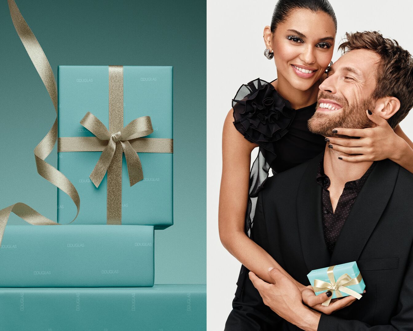 Una pila di regali Douglas color acquamarina con nastri dorati crea un'atmosfera festosa, mentre una coppia sorridente aggiunge un tocco di gioia e intimità.