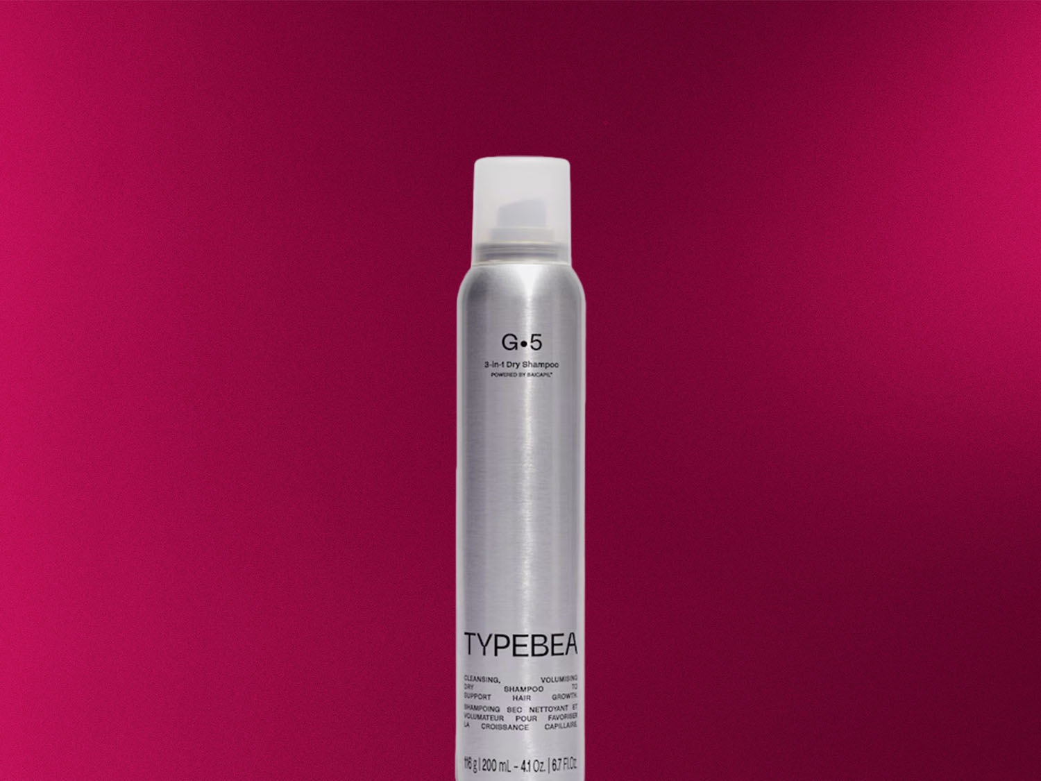 Stříbrný sprej G.5 3 v 1 suchý šampon TYPEBEA slibuje čištění, podporu, objem a růst vlasů, balení 200 ml.