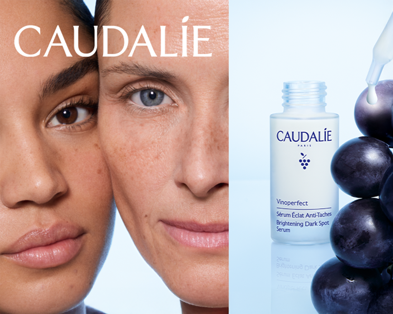 Das Caudalie Vinoperfect Serum gegen Pigmentflecken, präsentiert sich in einer weißen Flasche mit dunklen Trauben und zwei Frauen mit unterschiedlichen Hauttönen.