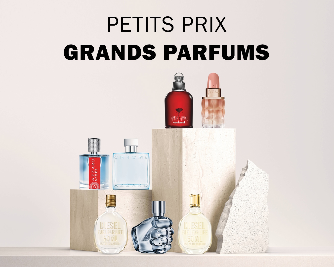 Découvrez une sélection de parfums de grandes marques à petits prix, incluant des fragrances populaires d'Azzaro, Diesel et Cacharel.
