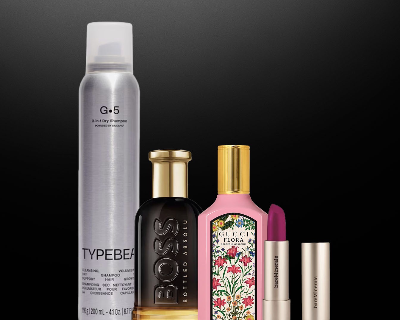 Ez a kép egy Typebea G.5 3 az 1-ben száraz sampont, egy Boss Bottled Absolu-t, egy Gucci Flora Gorgeous Gardénia-t és két BareMinerals rúzst mutat be.