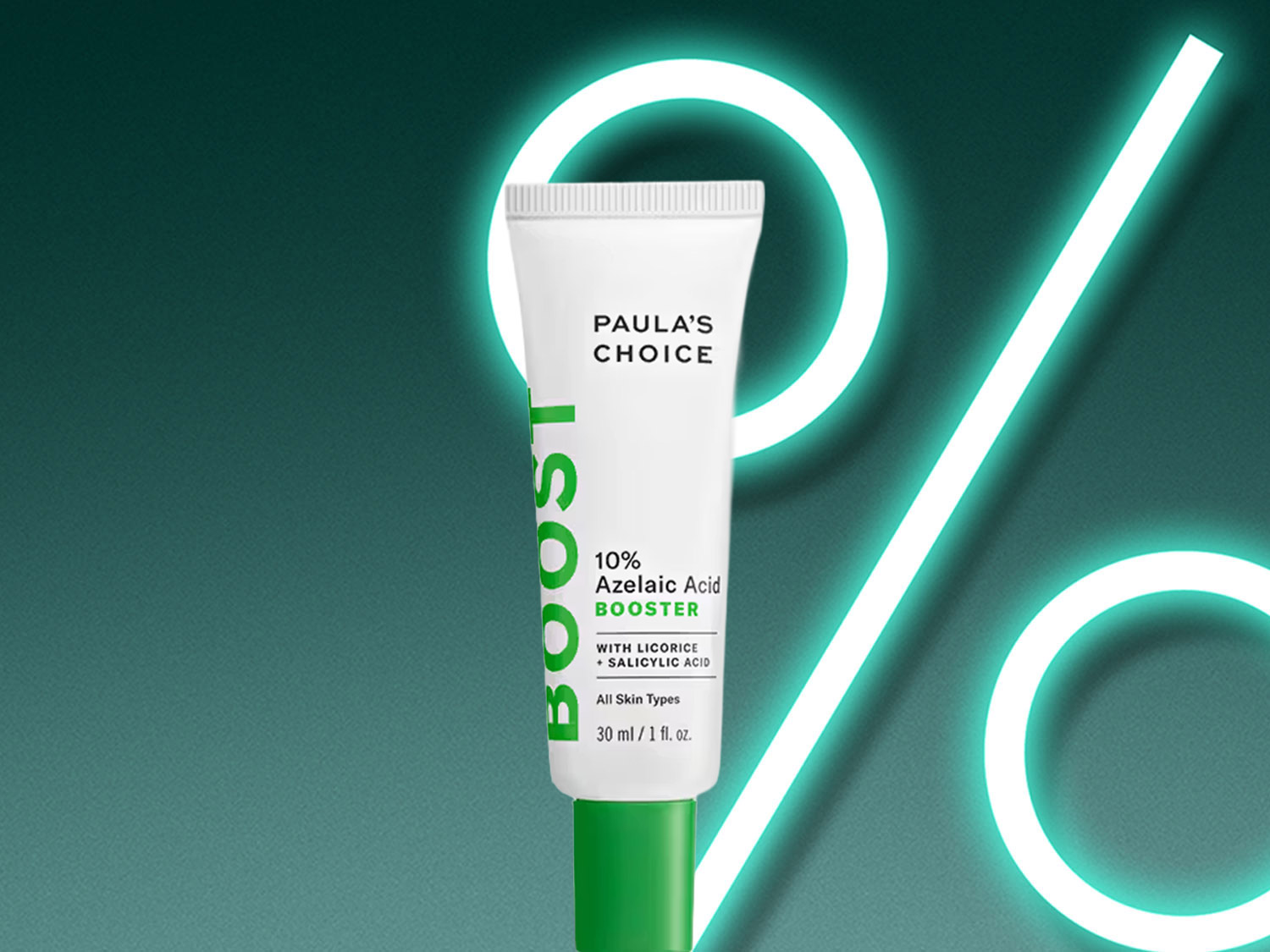 Paula's Choice 10% Azelaic Acid Booster in einer weißen Tube mit grünem Deckel, die Inhaltsstoffe wie Süßholz und Salicylsäure enthält.