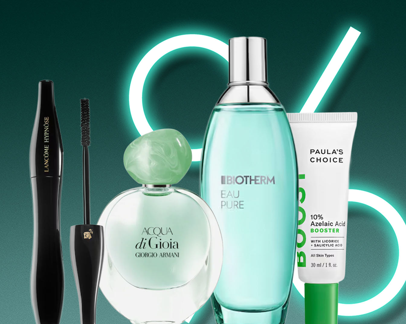 Entdecke eine Auswahl an Schönheitsprodukten, darunter Lancôme Hypnôse Mascara, Acqua di Gioia von Giorgio Armani, Biotherm Eau Pure und Paula's Choice 10% Azelaic Acid Booster.