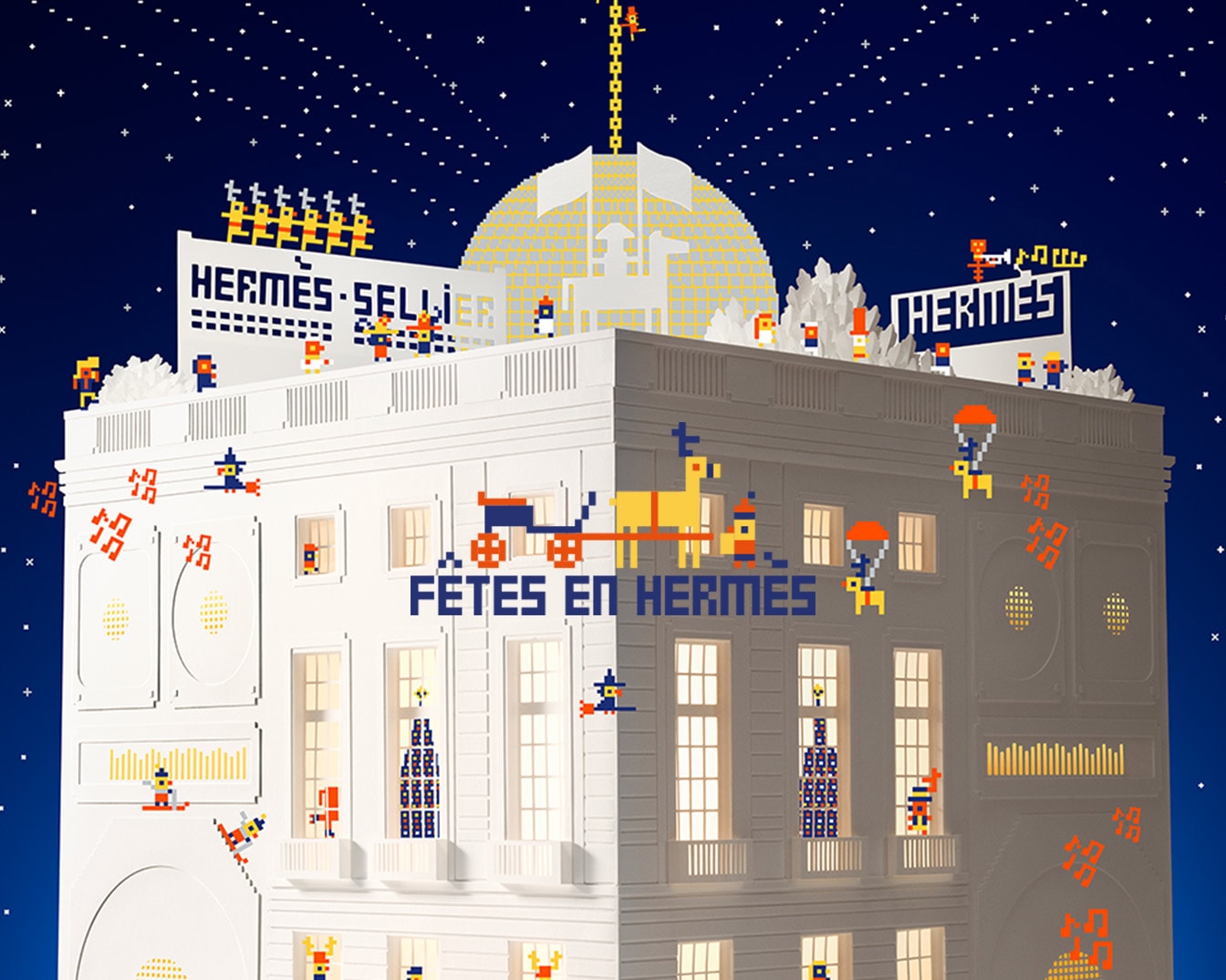 Découvrez l'univers pixelisé de Fêtes en Hermès, où le bâtiment emblématique s'anime avec des figurines festives et des détails ludiques.