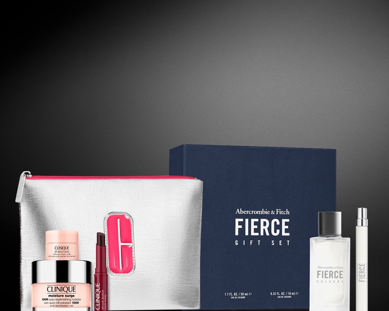 Ecco un set regalo con prodotti Clinique, tra cui Moisture Surge e All About Eyes, presentati in un'elegante pochette argentata con dettagli rosa, accanto al set regalo Fierce di Abercrombie & Fitch.