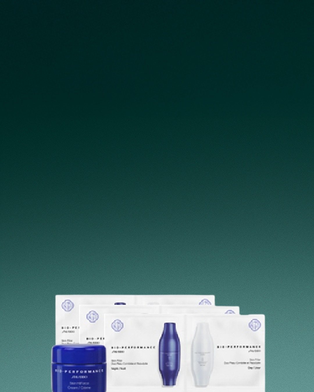 Na ciemnozielonym tle widoczne są próbki i krem Shiseido Bio-Performance w niebieskim opakowaniu, obiecujące pielęgnację i regenerację skóry.
