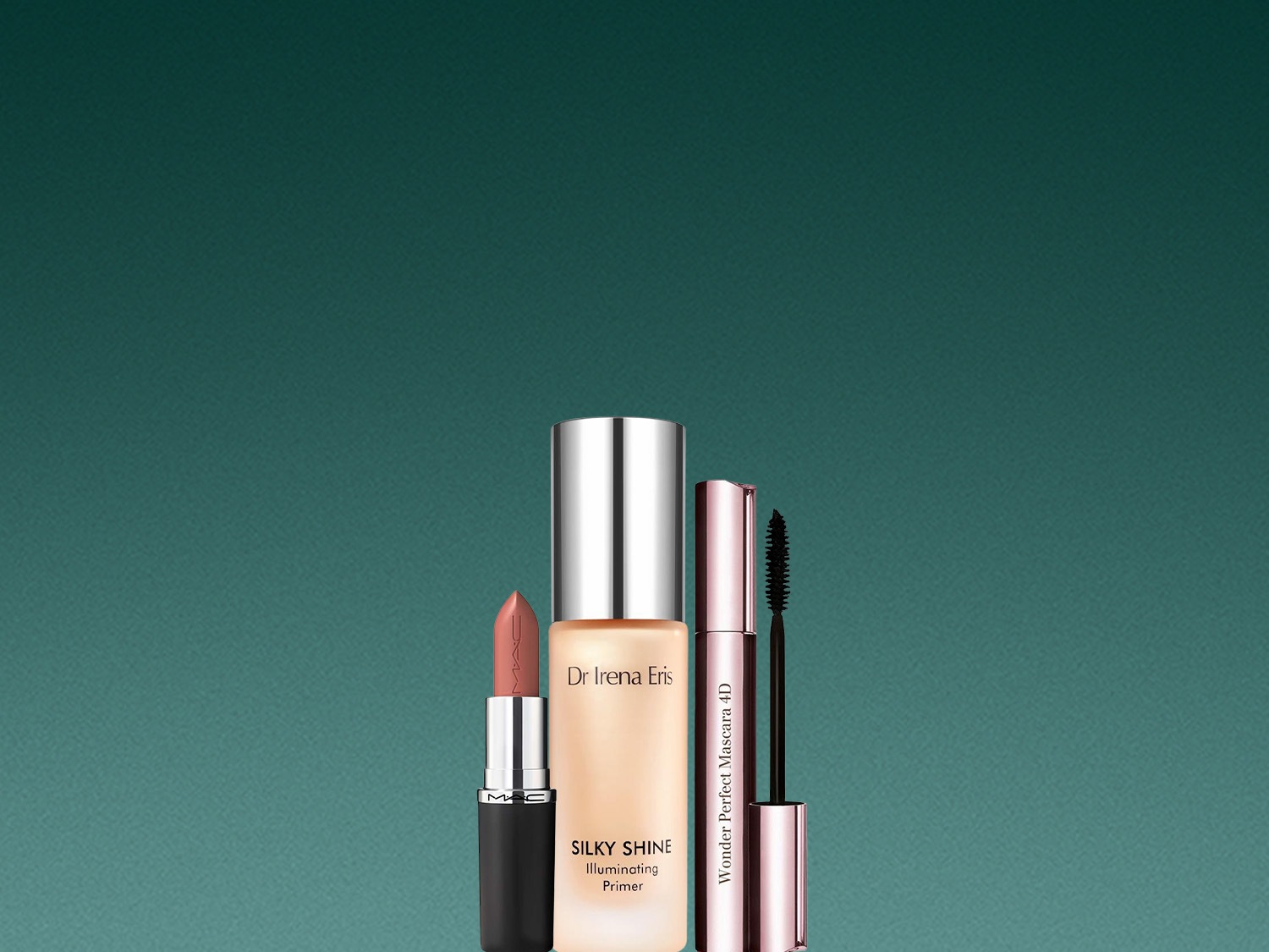 Na ciemnozielonym tle znajdują się kosmetyki: szminka MAC, baza rozświetlająca Dr Irena Eris Silky Shine i tusz do rzęs Wonder Perfect Mascara 4D.