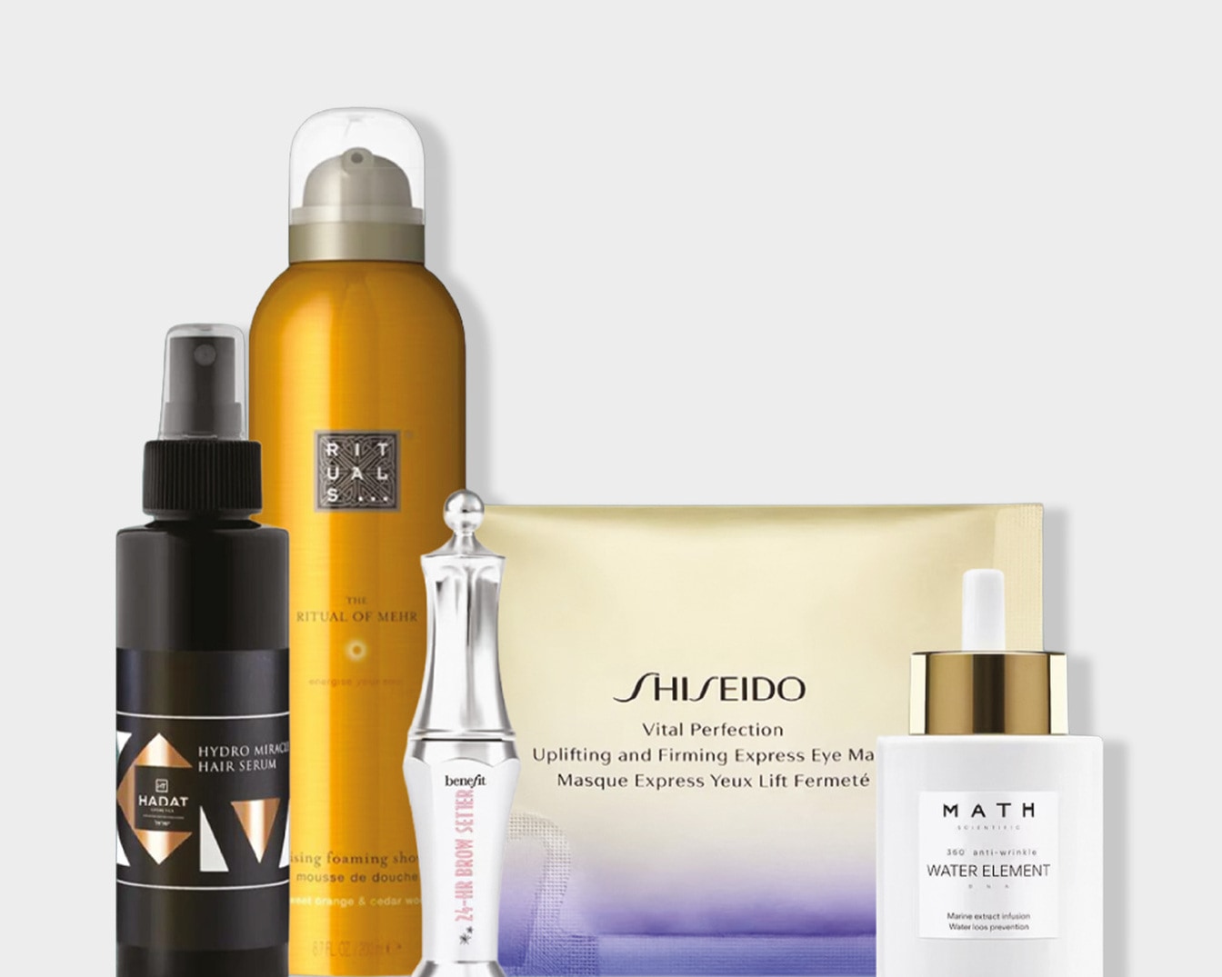 Kosmetikos rinkinys su „Hadat“ plaukų serumu, „Rituals of Mehr“ putojančiu prausikliu, „Benefit 24-HR Brow Setter“ antakių geliu, „Shiseido Vital Perfection“ paakių kauke ir „Math Water Element“ serumu.