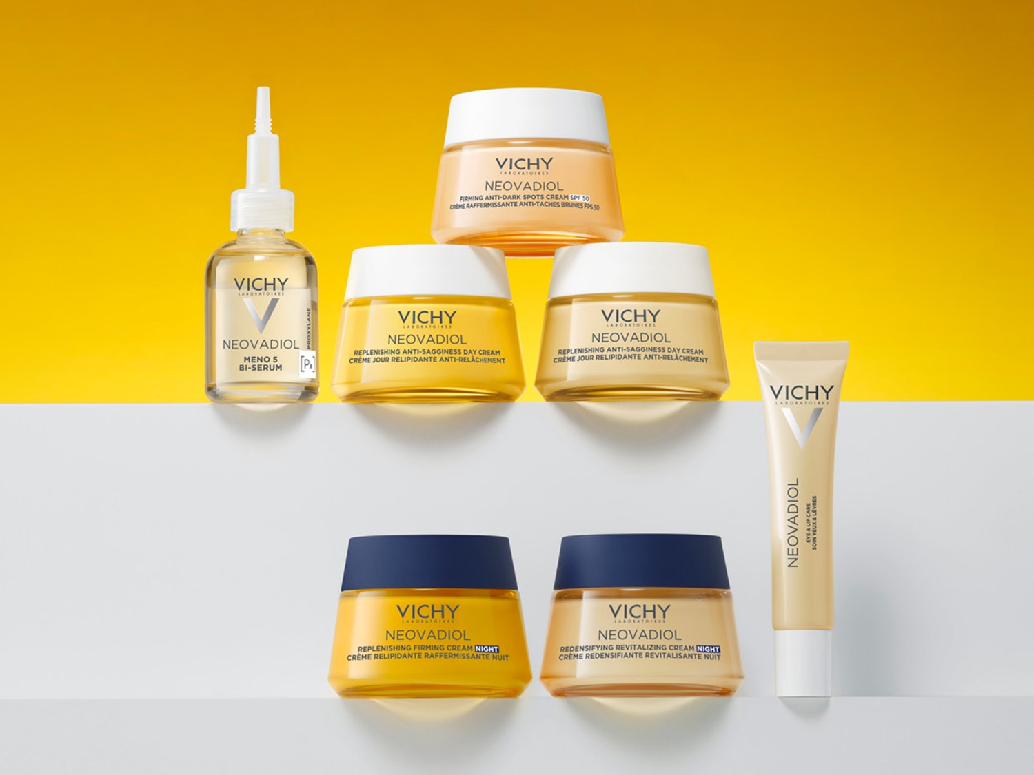 Découvrez la gamme Neovadiol de Vichy, comprenant le sérum Meno 5 Bi, la crème de jour anti-âge et les soins de nuit, présentés dans des emballages jaunes et blancs.