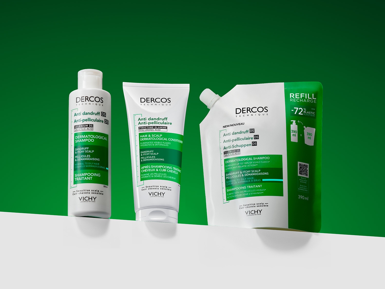 Voici le shampooing dermatologique antipelliculaire Dercos Technique dans un flacon blanc, conçu pour les cuirs chevelus sensibles.