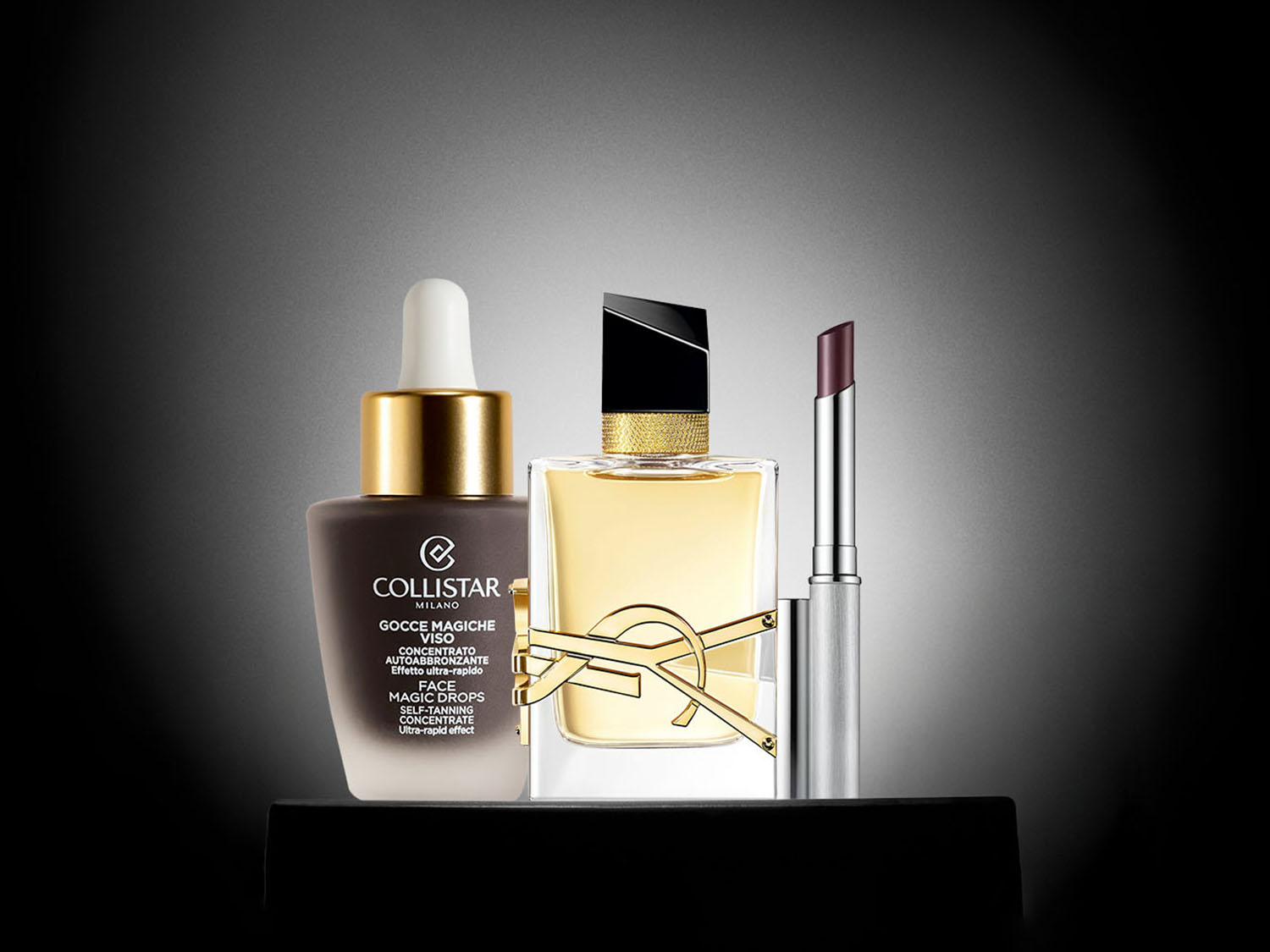Ontdek Collistar magische gezichtsdruppels voor een snelle, zelfbruinende teint, samen met een YSL-parfum en een zilveren lippenstift.