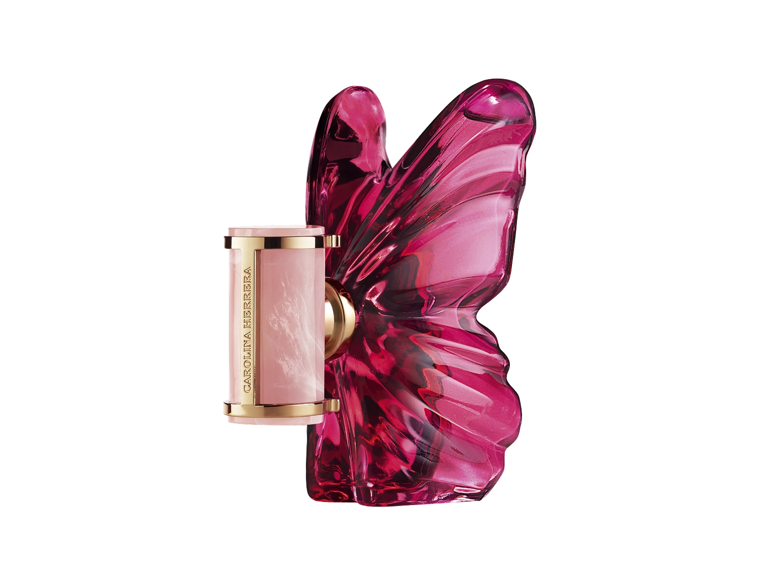 Perfumy Carolina Herrera w różowym flakonie w kształcie motyla, eleganckie i kobiece.