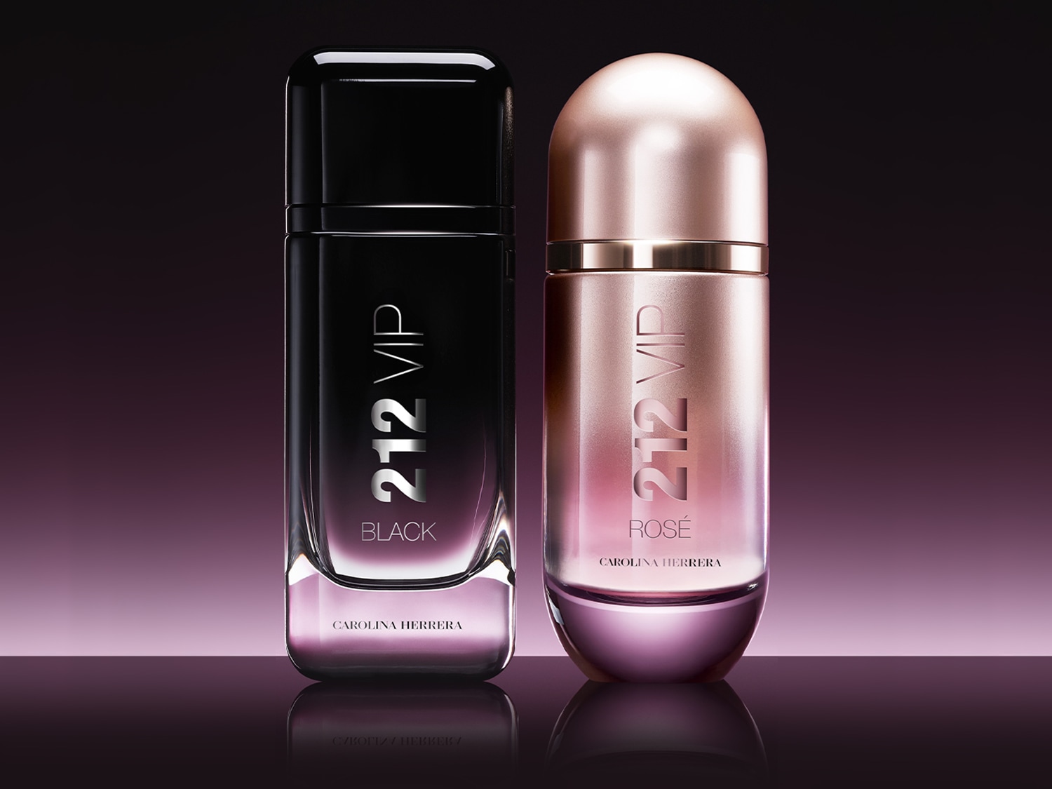 Dwa flakony perfum Carolina Herrera 212 VIP: czarny o nazwie Black i różowy o nazwie Rosé, stojące obok siebie na ciemnym tle.