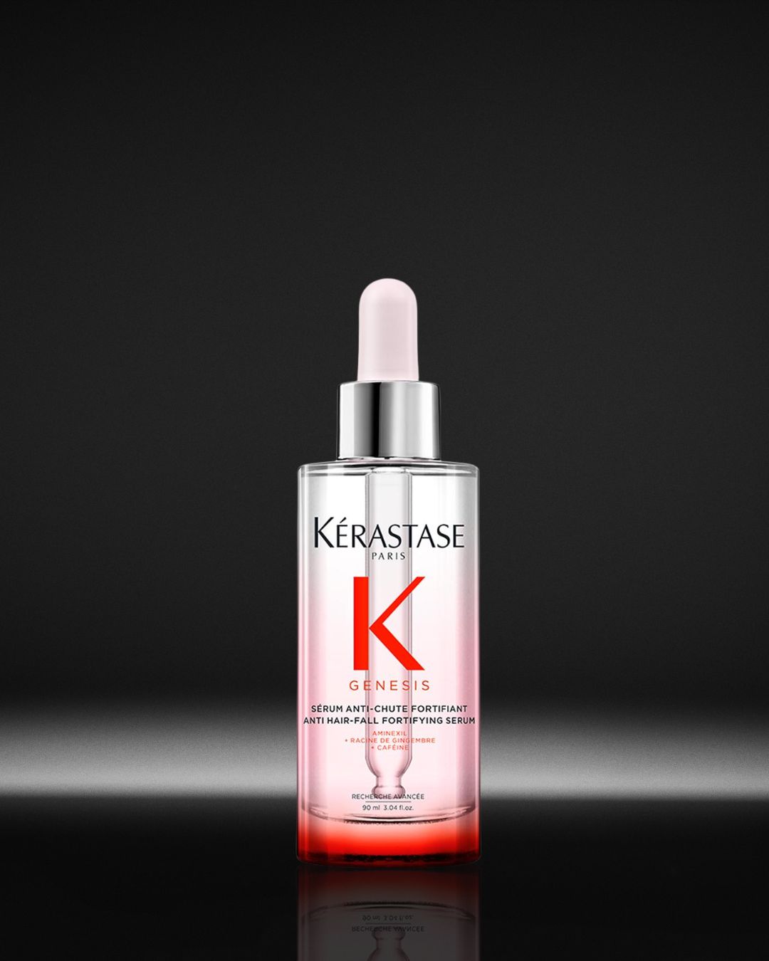 Découvrez le Sérum Anti-Chute Fortifiant Genesis de Kérastase, un soin avancé enrichi en Aminexil, racine de gingembre et caféine, présenté dans un flacon élégant de 90ml pour une recherche avancée contre la chute des cheveux.
