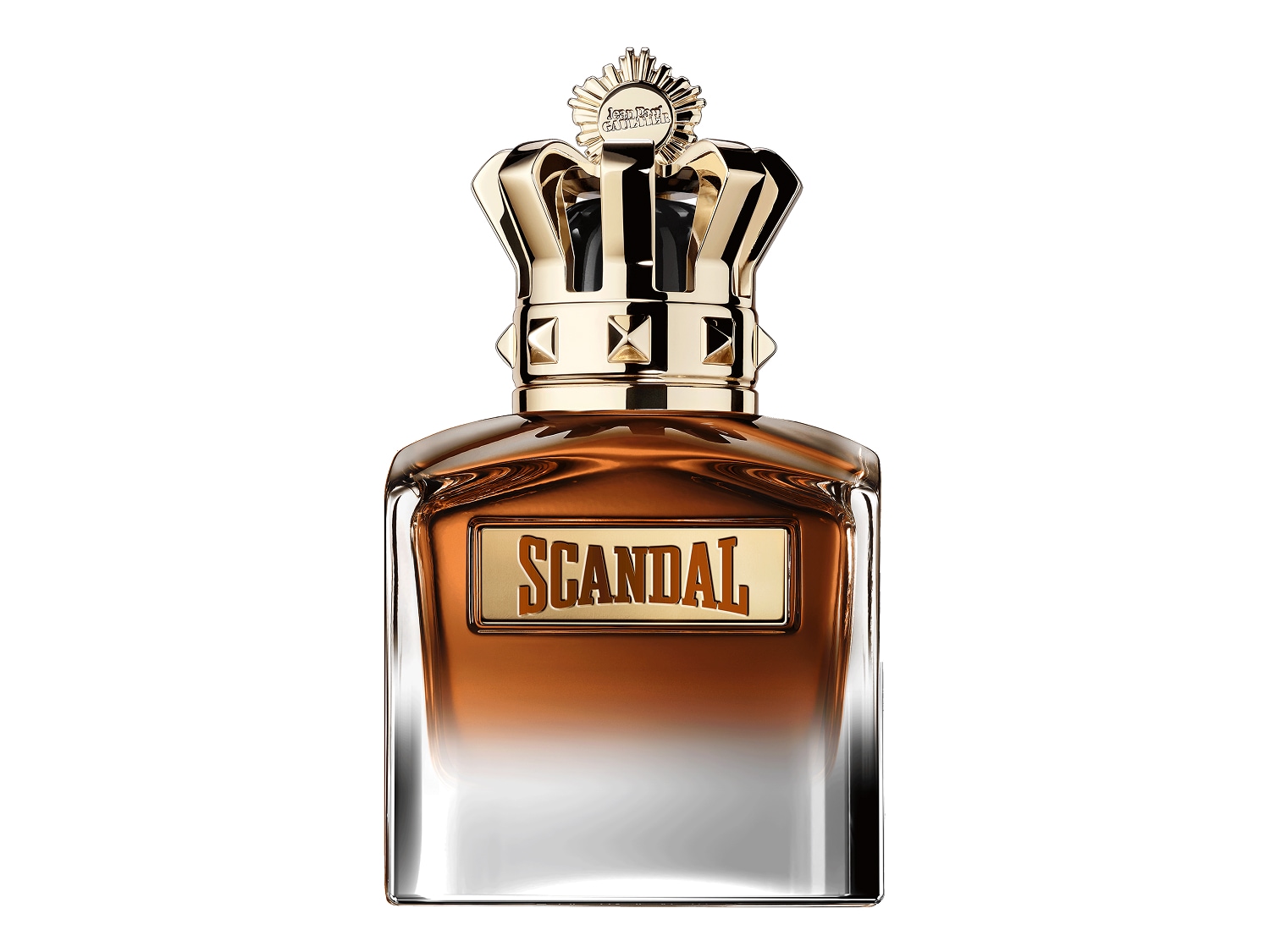 Butelka brązowych perfum Scandal z złotą koroną na górze i złotym napisem na środku.