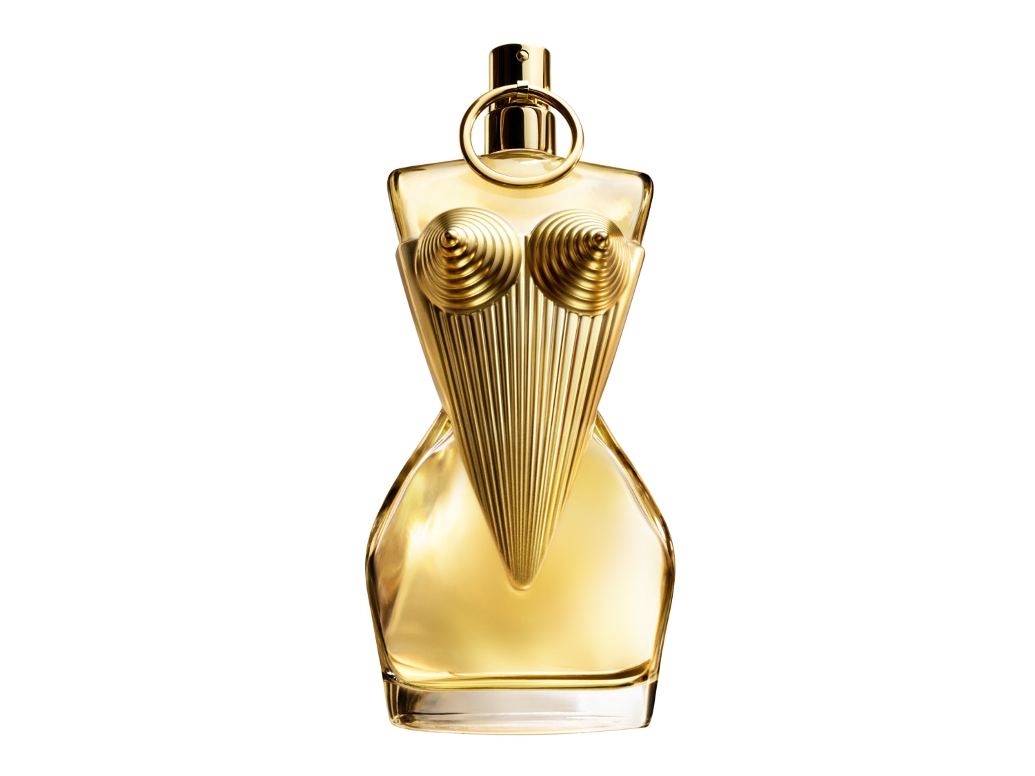 Butelka perfum w kształcie kobiecego torsu, wykonana ze złotego metalu i przezroczystego szkła, z okrągłym pierścieniem na szyjce.