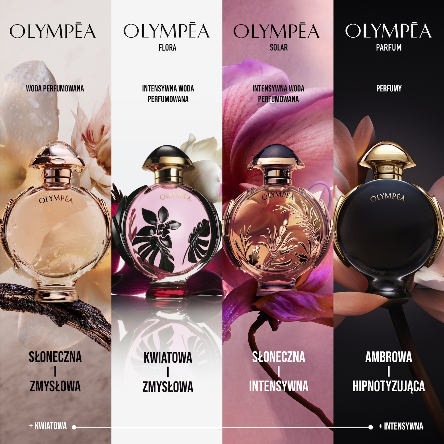 Cztery flakony perfum Olympēa: Woda perfumowana, Flora, Solar i Parfum, każdy z unikalnym kwiatowym tłem i zapachem, od słonecznego i zmysłowego po ambrowy i hipnotyzujący.