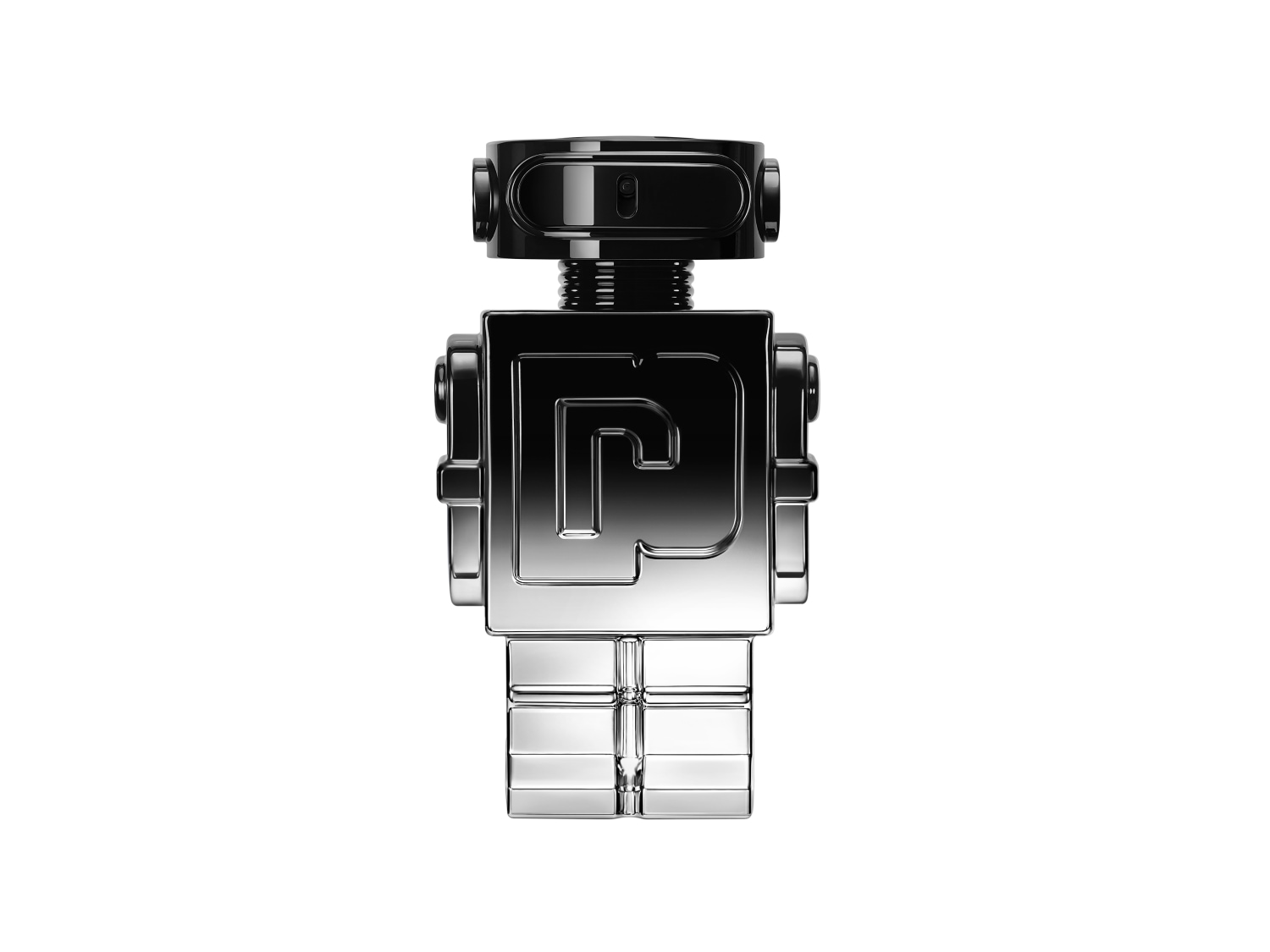 Srebrny flakon perfum w kształcie robota z czarną głową i tułowiem z literą P.