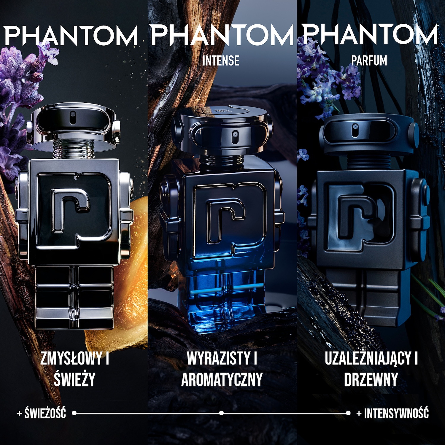 Trzy wersje zapachu Phantom: Zmysłowy i świeży, Wyrazisty i aromatyczny, Uzależniający i drzewny.