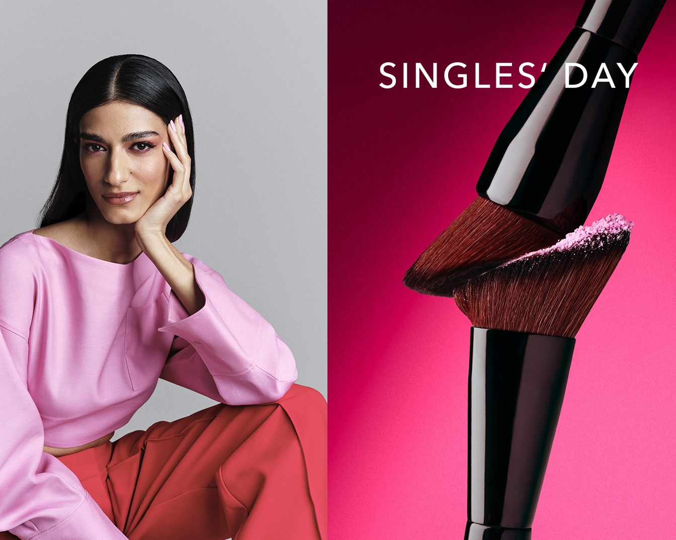 Célébrez la journée des célibataires avec style : découvrez des pinceaux de maquillage professionnels et une femme élégante en rose et rouge.