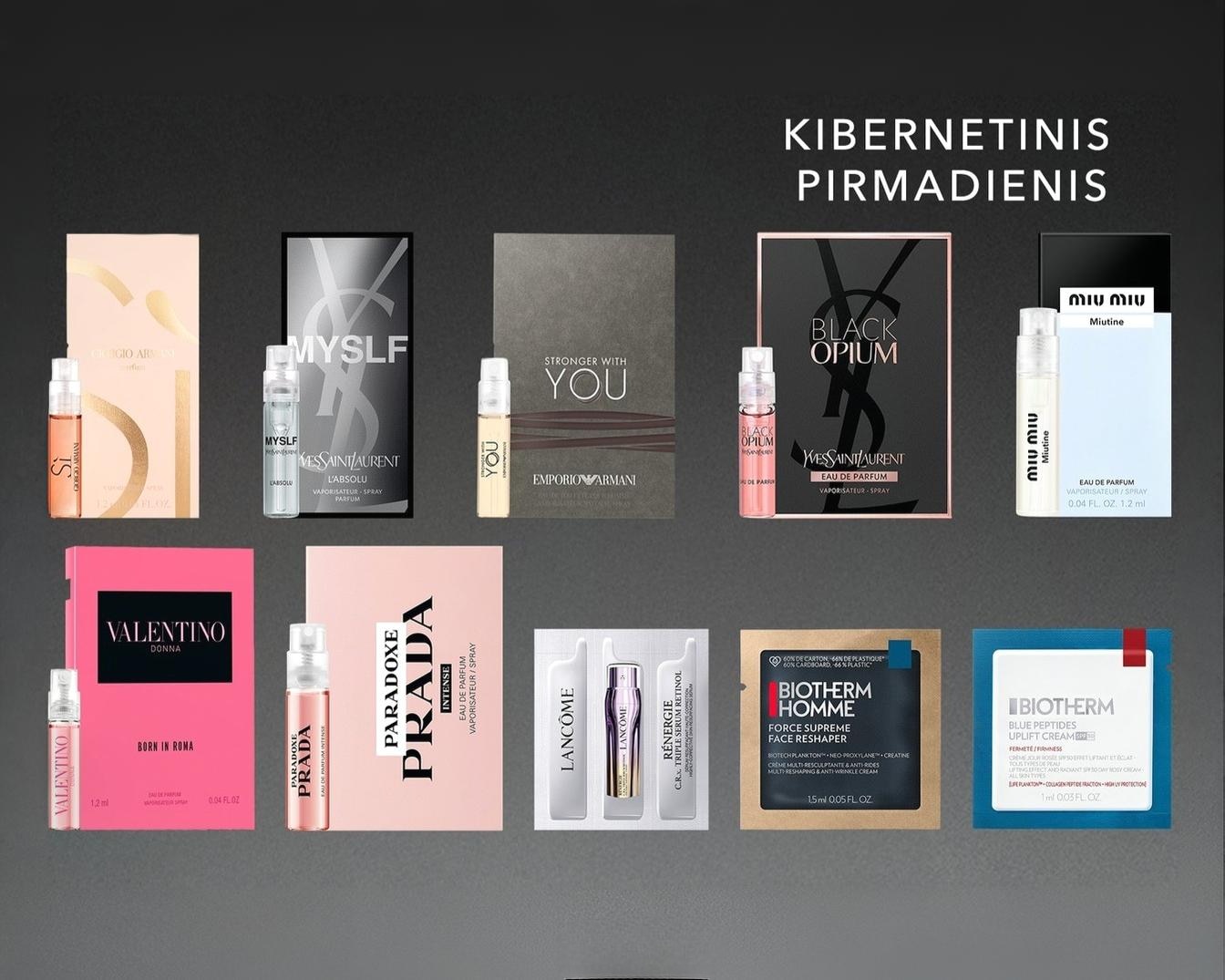 Įvairių kvepalų mėginėlių rinkinys iš tokių prekių ženklų kaip Giorgio Armani, Yves Saint Laurent, Prada, Valentino, Lancome, Biotherm ir Miu Miu su užrašu viršuje „Kibernetinis pirmadienis“.