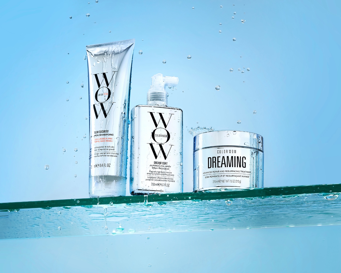 Die Color Wow-Kollektion umfasst Color Security Shampoo, Dream Coat Supernatural Spray und Dreaming Advanced Repair Treatment für die Haarpflege.