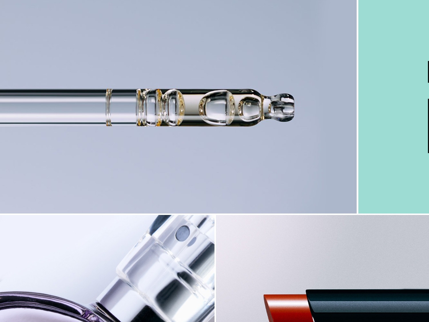 Nahaufnahme eines durchsichtigen Glaspipette mit Serum, daneben ein Parfümzerstäuber und ein roter Lippenstift.