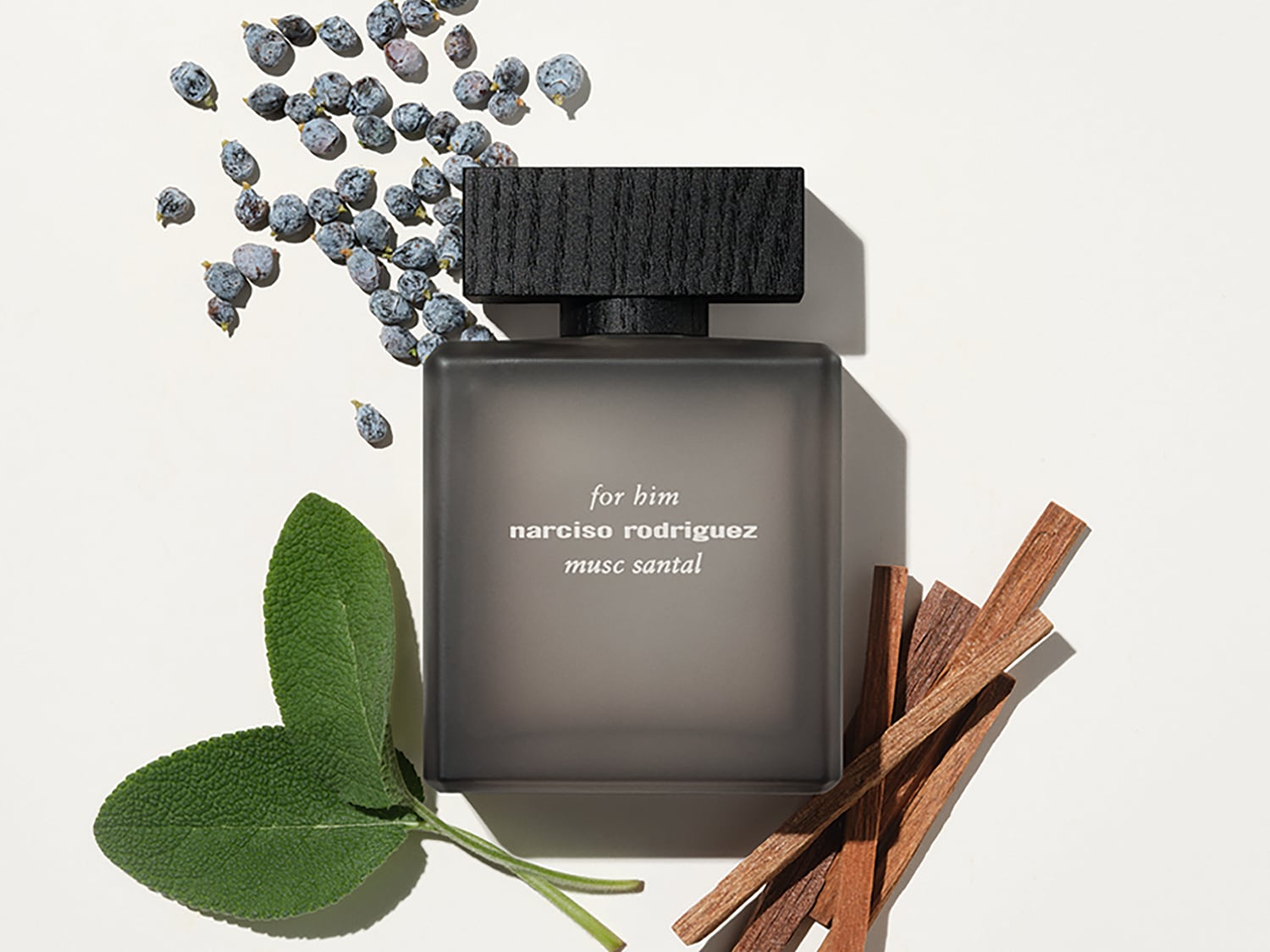 Entdecke Narciso Rodriguez For Him Musc Santal, präsentiert in einem eleganten, quadratischen Flakon mit mattschwarzem Verschluss, umgeben von frischen Salbeiblättern, Wacholderbeeren und warmen Holzstäbchen.