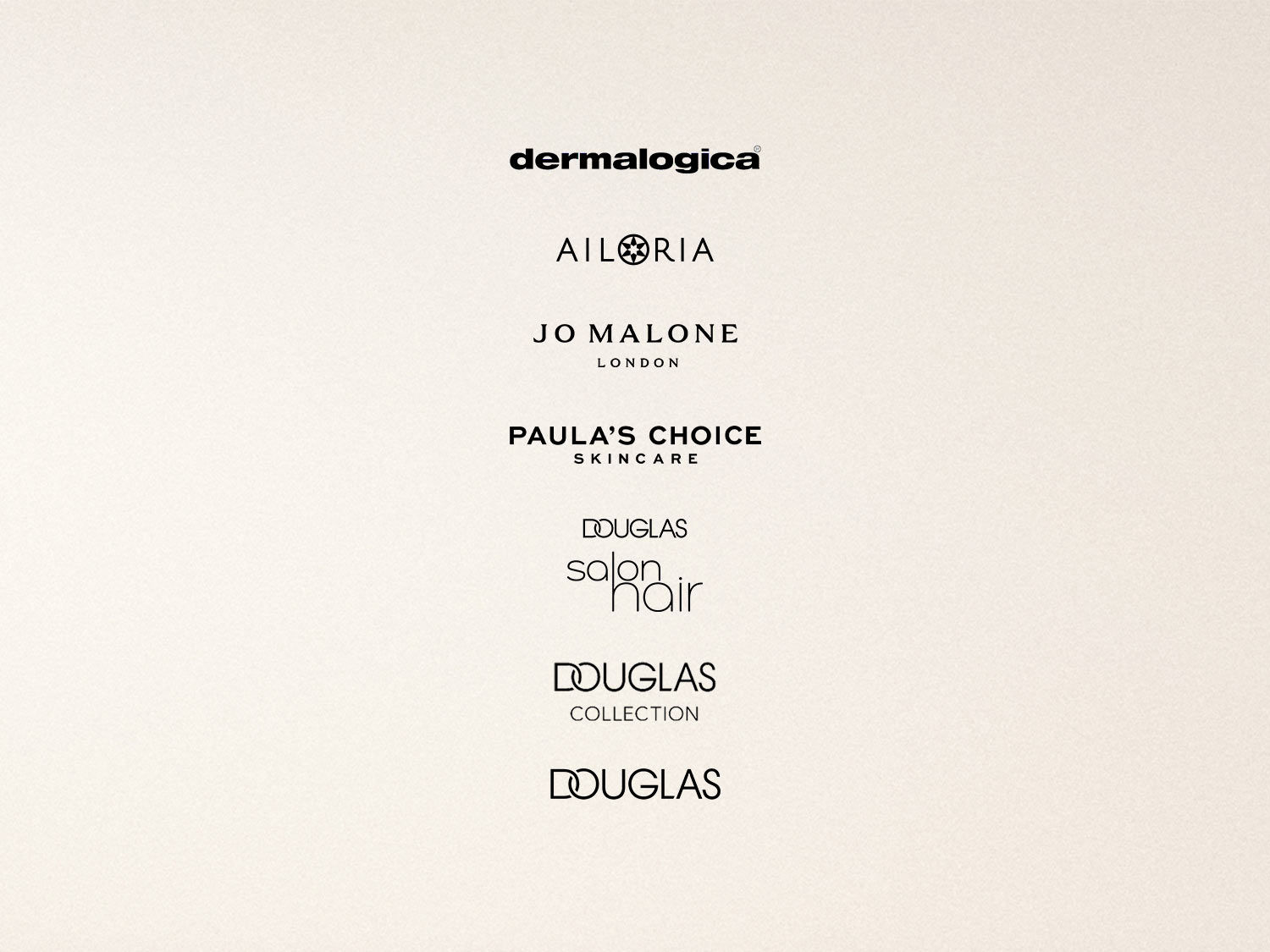 Eine Vielzahl von Markenlogos, darunter Dermalogica, AILORIA, Jo Malone London, Paula's Choice Skincare, Douglas Salon Hair, Douglas Collection und Douglas, sind auf beigem Hintergrund dargestellt.
