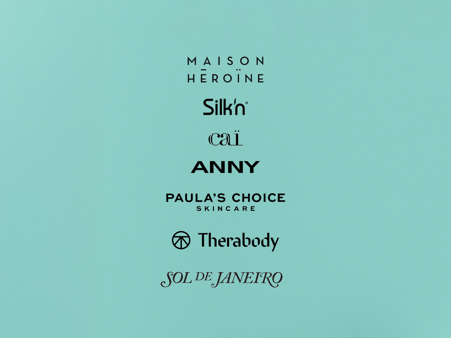 Auf hellblauem Hintergrund sind die Logos verschiedener Marken wie Maison Heroine, Silk'n, Cali, Anny, Paula's Choice, Therabody und Sol de Janeiro abgebildet.