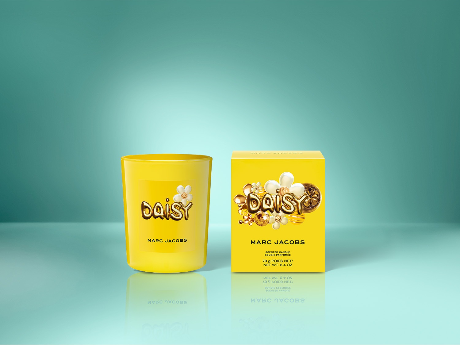 Gele Daisy geurkaars van Marc Jacobs, gepresenteerd in een bijpassend doosje, klaar om je huis te vullen met een heerlijke geur.