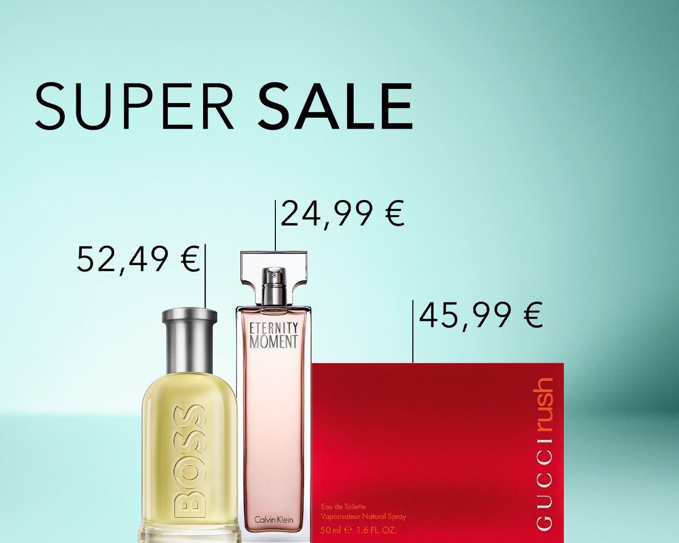 Profitez de la SUPER VENTE sur les parfums populaires : Boss à 52,49 €, Eternity Moment à 24,99 € et Gucci Rush à 45,99 €.