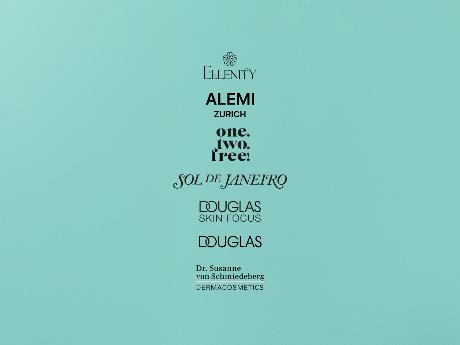Découvrez une sélection de marques de beauté, notamment ELLENITY, ALEMI ZURICH, Sol de Janeiro, Douglas Skin Focus et Dr. Susanne von Schmiedeberg Dermacosmetics, le tout sur un fond bleu apaisant.