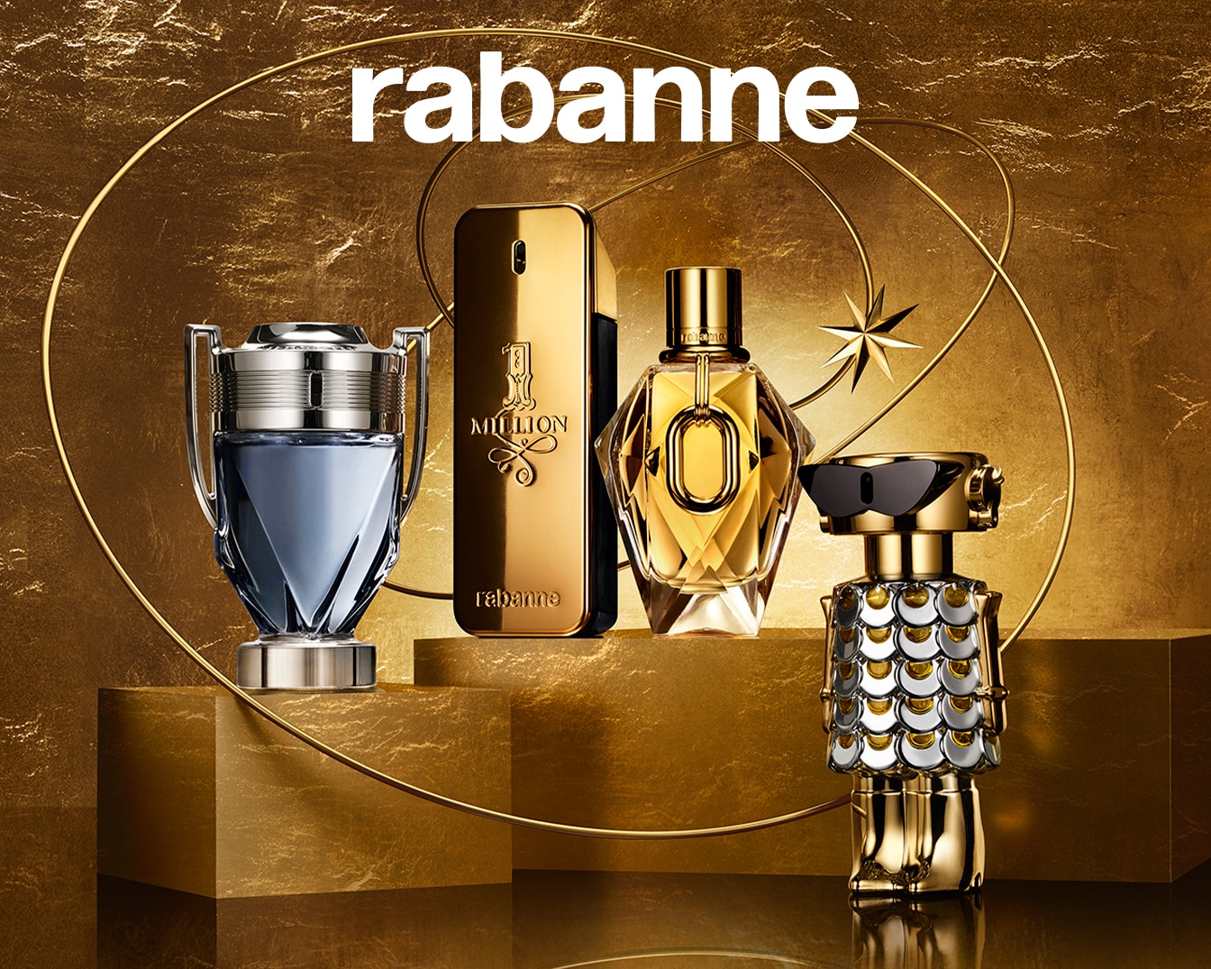 Descubre la colección de fragancias Rabanne, con frascos dorados y diseños únicos que evocan lujo y sofisticación.