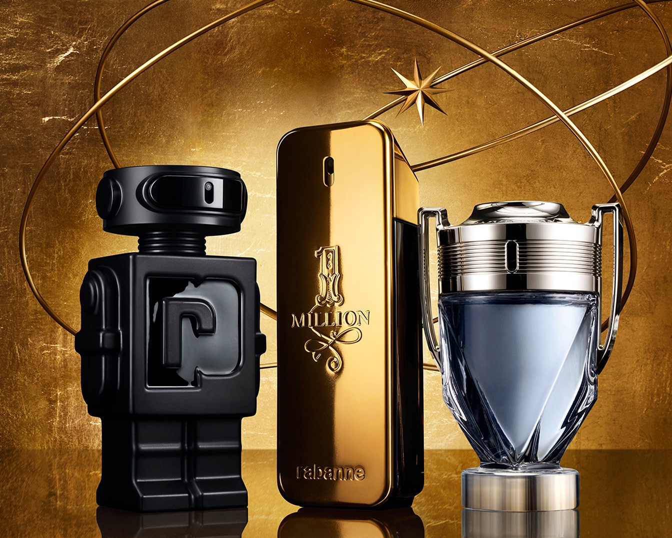 Descubre la elegancia con esta colección de fragancias: un robot negro moderno, un lingote dorado clásico y un trofeo plateado sofisticado.