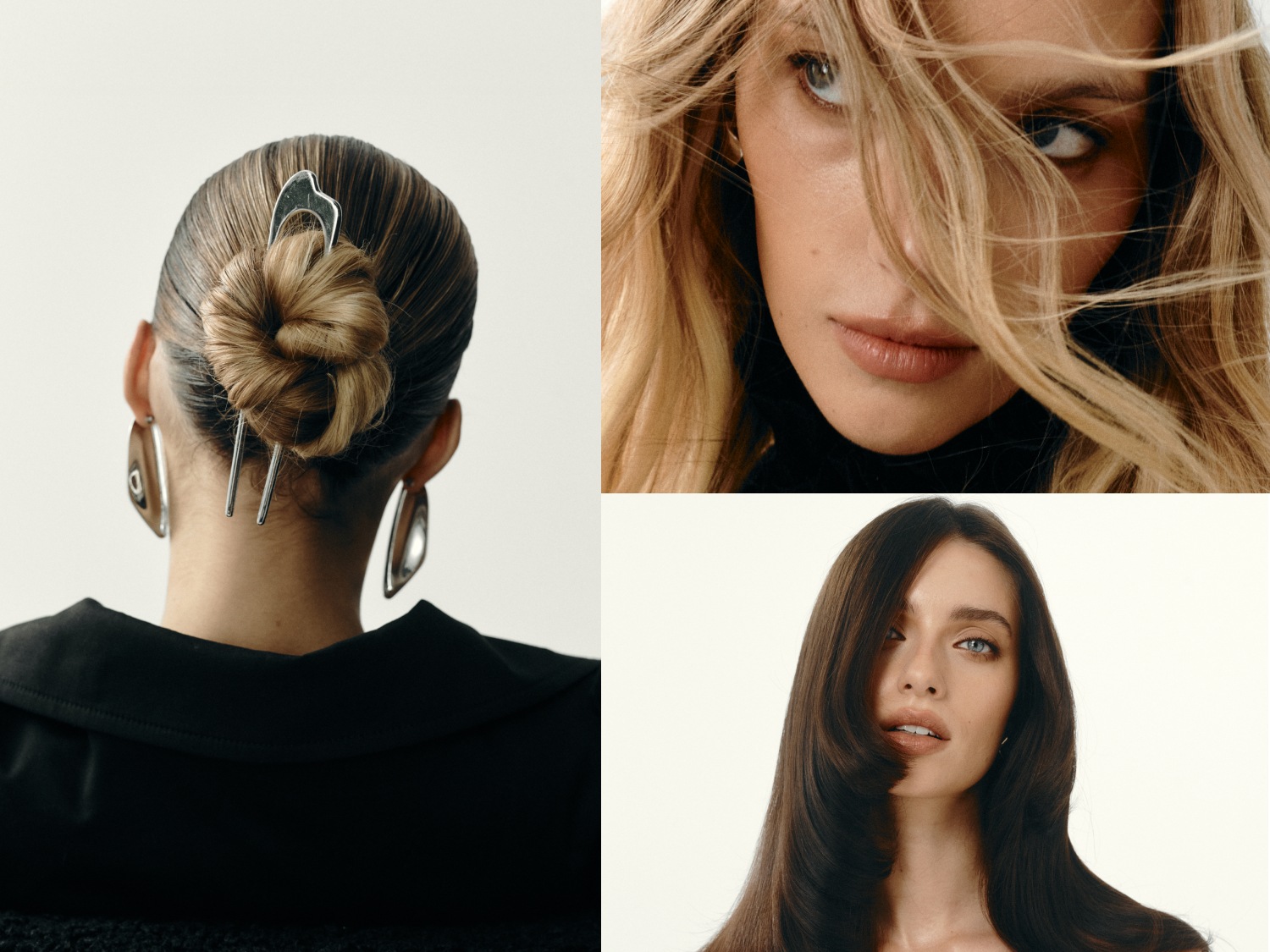 Na kolażu widać trzy różne fryzury: upięcie z ozdobną spinką, blond włosy opadające na twarz i długie, brązowe włosy z przedziałkiem na środku.