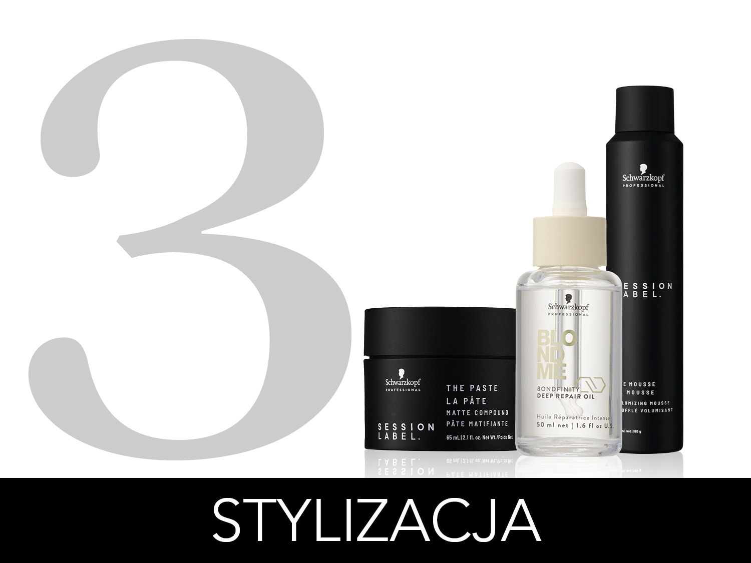 Cztery czarne i przezroczyste pojemniki produktów do stylizacji włosów Schwarzkopf Professional, w tym pasta matująca, olejek do włosów i mus.